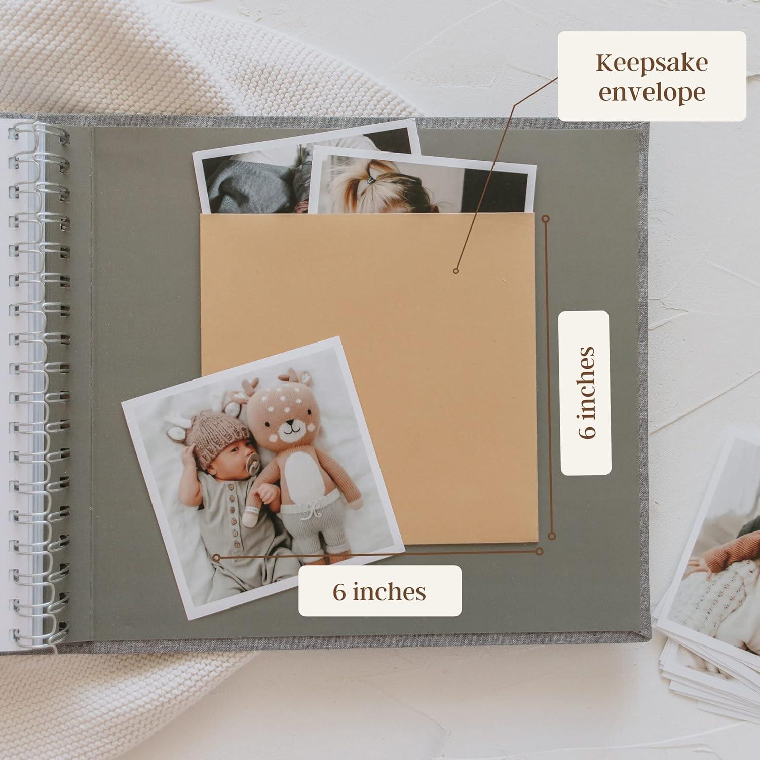 Peachly Libro Ricordi Neonati Unisex - Album Scrapbooking Primo Anno, Copertina In Lino Naturale, 60 Pagine, Include Busta Ricordi - 5