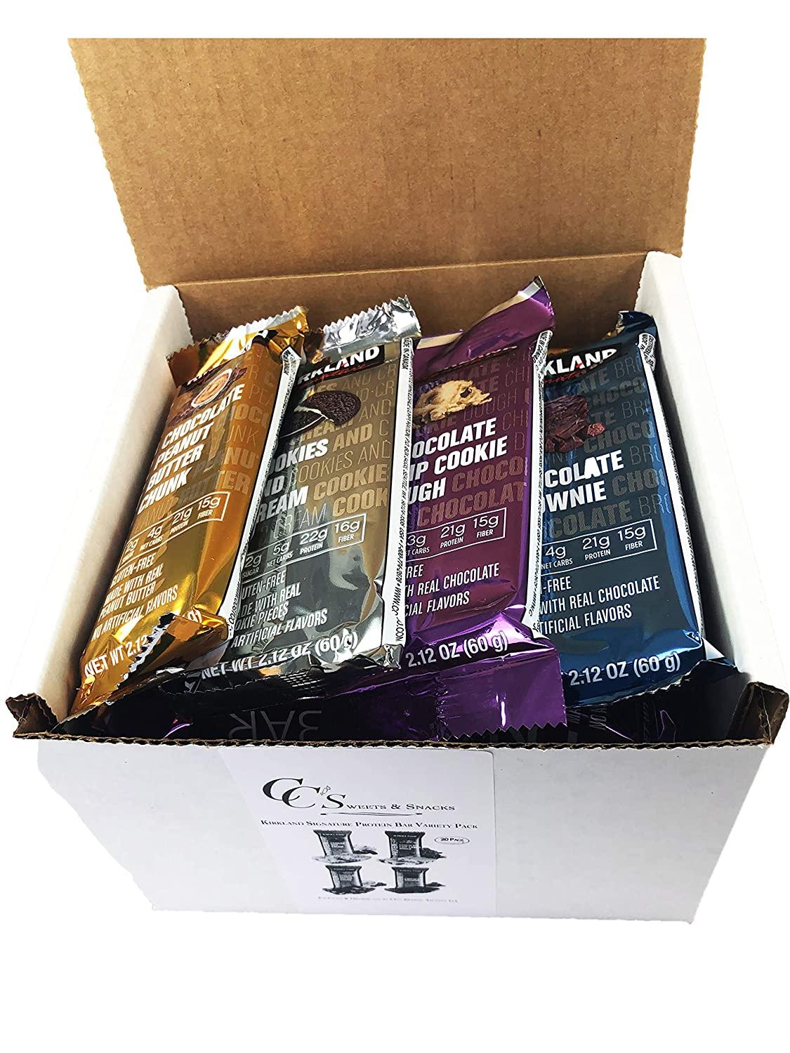  Kirkland Signature Protein Bar Variety Pack 20 Count Chocolate  Peanut Butter Chunk & Cookies and Cream Gluten Free 21-22g of Protein 2g  Sugar No Artificial Flavors Whey Protein Isolate : Grocery