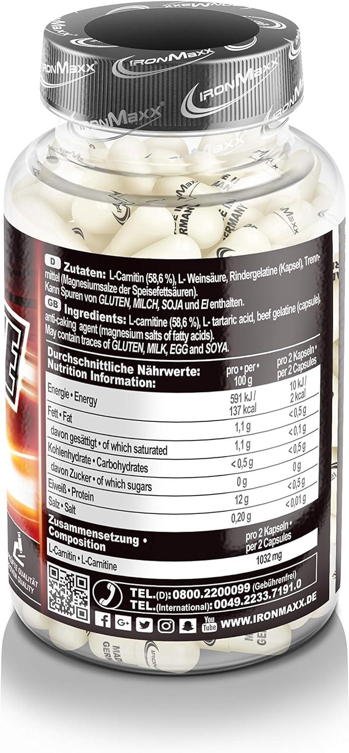 Ironmaxx Carnitine Pro Caps - 130 Capsules | 750mg L-Carnitine Tartrate |  Best Pre-Workout Supplement | Effective for Dieting | Tasteless &  Convenient | Buy Now with Express International Delivery | GoSupps.com