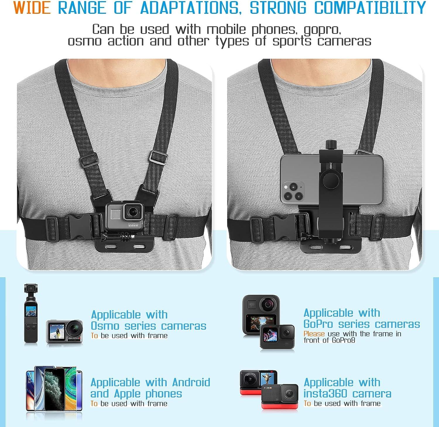 Mobile Phone Chest Strap Mount GoPro Chest Harness Holder for VLOG/POV,  with iPhone 13 12 11 Pro Max Plus,Samsung,GoPro Hero 9, 8, 7, 6, 5,OSMO  Action, AKASO,Action Camera and Cell Phones (4 to 7in)