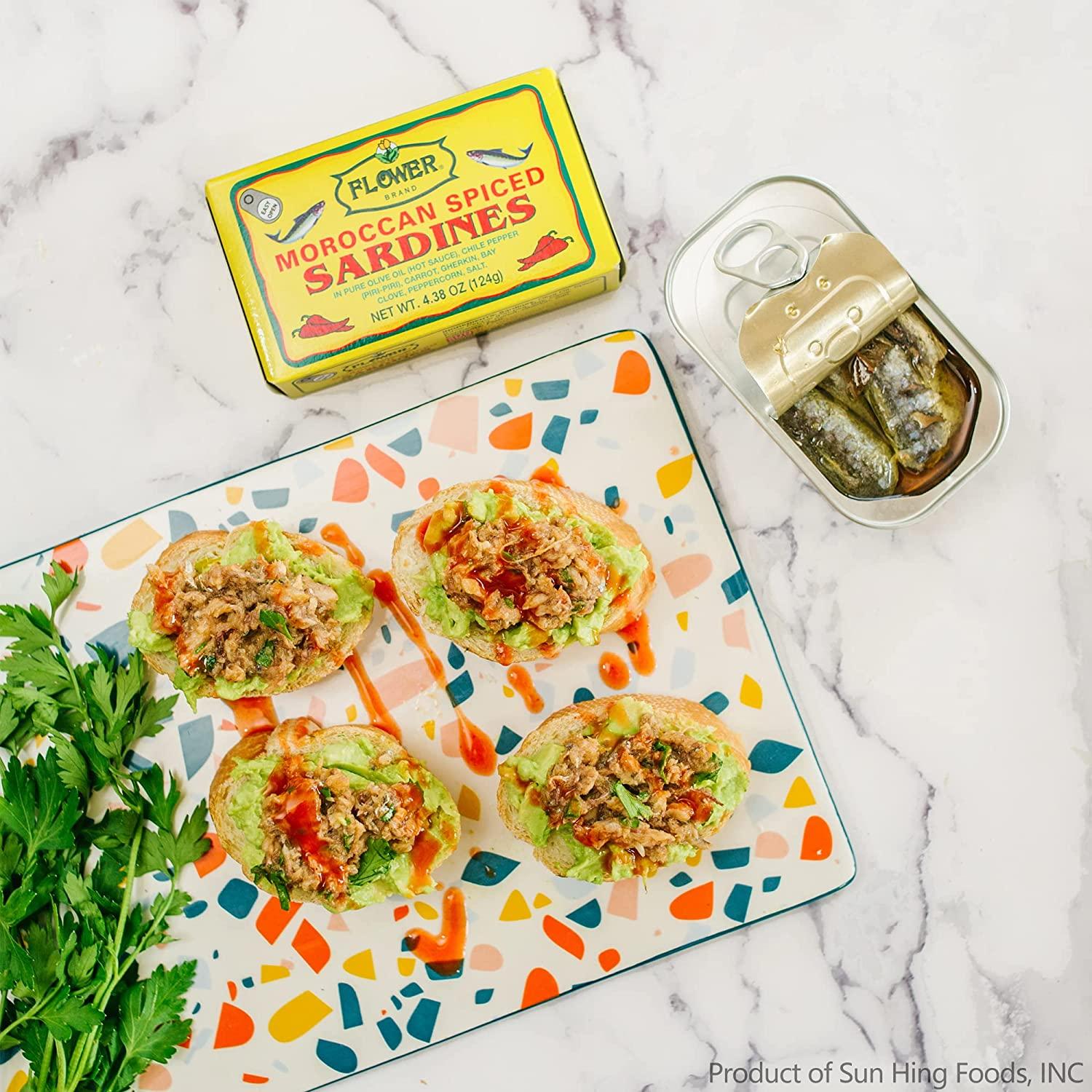 Flower Brand Spiced Sardines in Olive Oil 4.38 oz Wild Sardines from