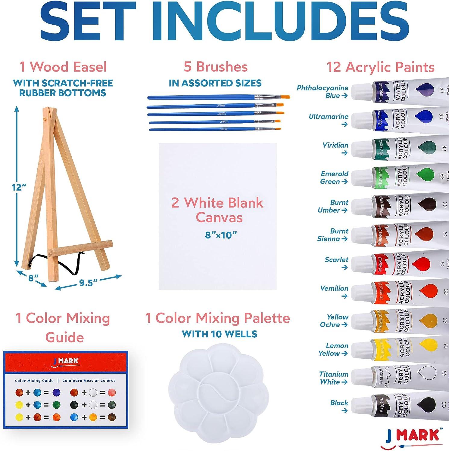 J MARK Paint Kit 22 Piece Set Acrylic Canvas Painting Kit with Wood Easel  8x10 inch Canvases 12 Washable Paints 5 Brushes Palette and Color Mixing  Guide