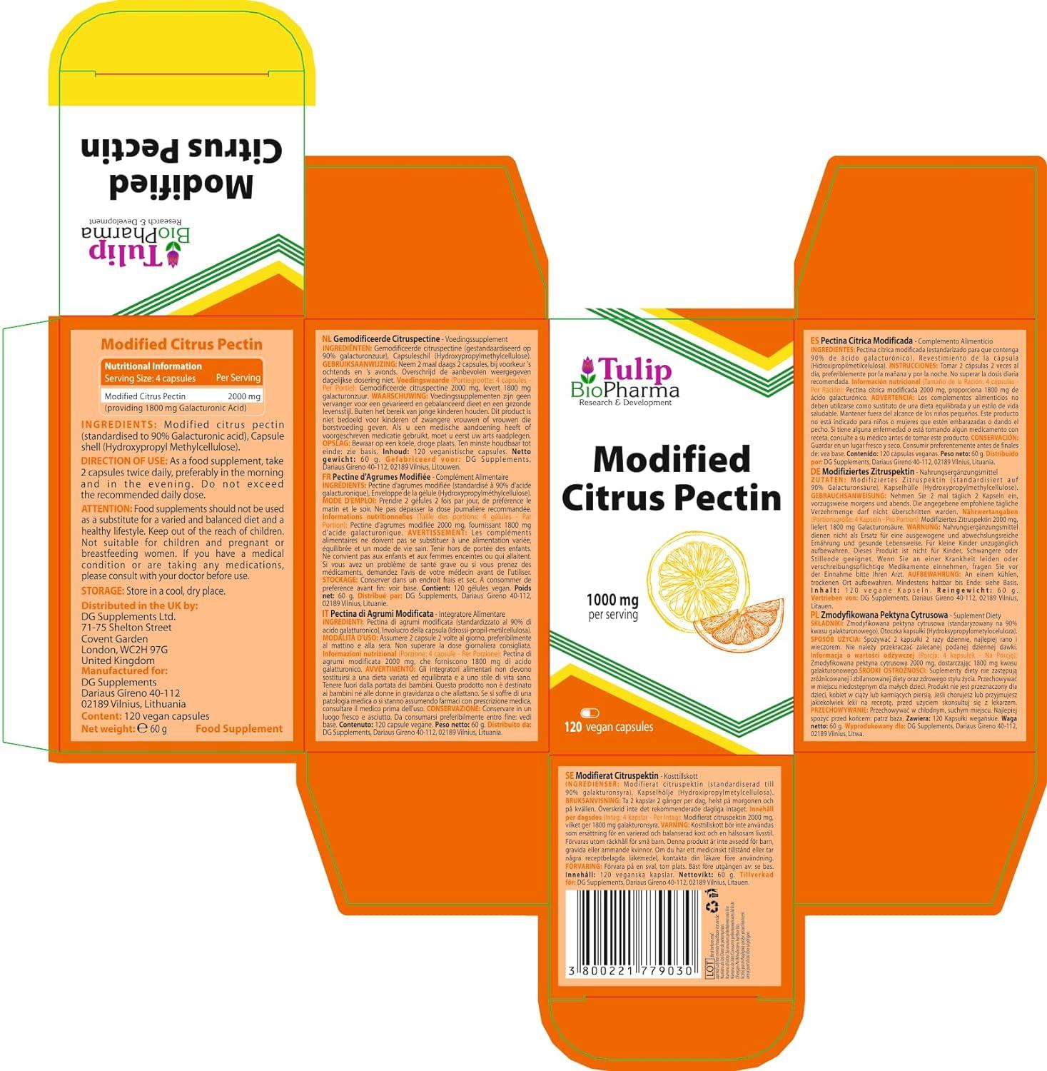 Tulip BioPharma Modified Citrus Pectin (MCP) 500mg 120 Vegan Capsules