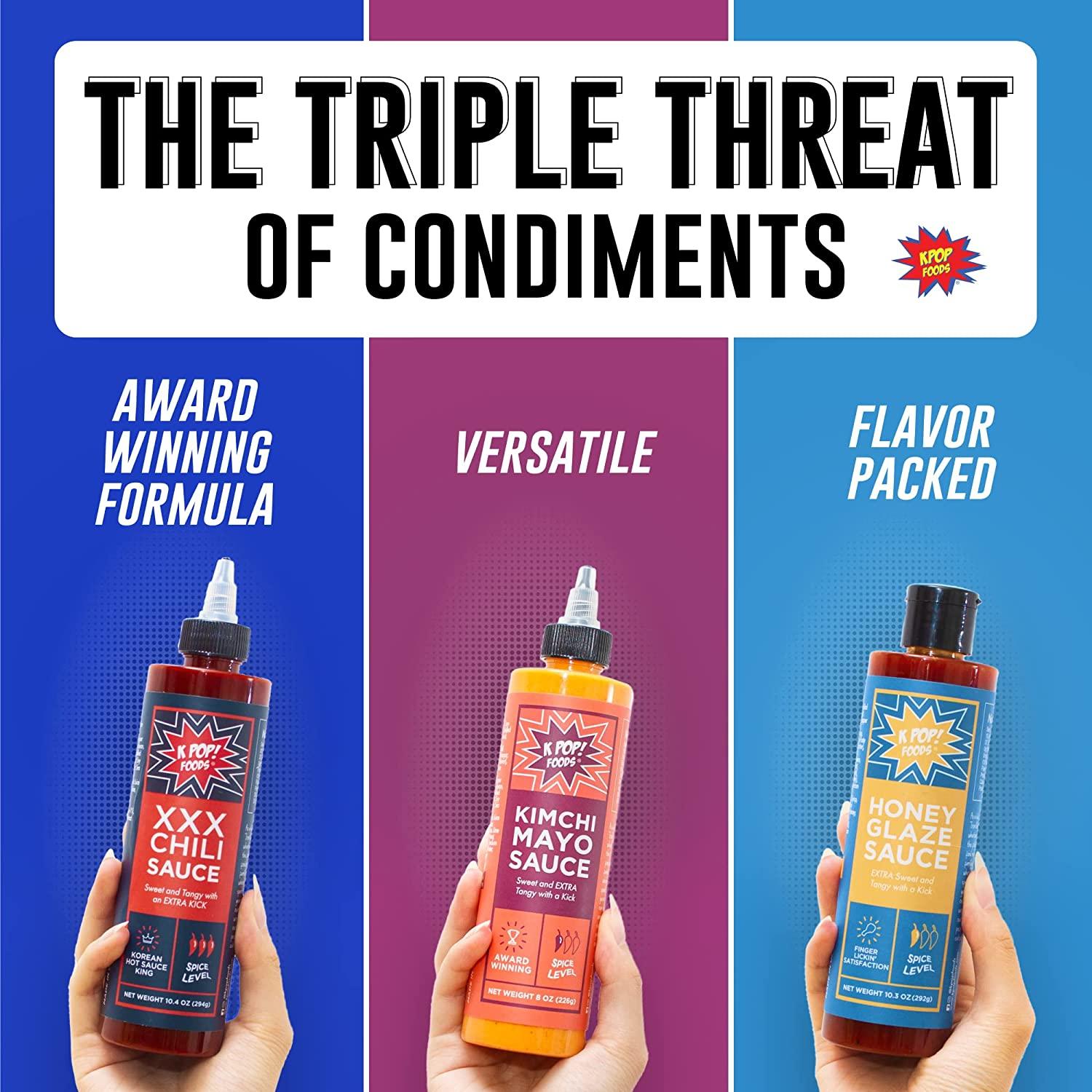 KPOP Foods KTOWN Korean BBQ Sauce Set Kimchi Spicy Mayo, XXX BBQ Hot