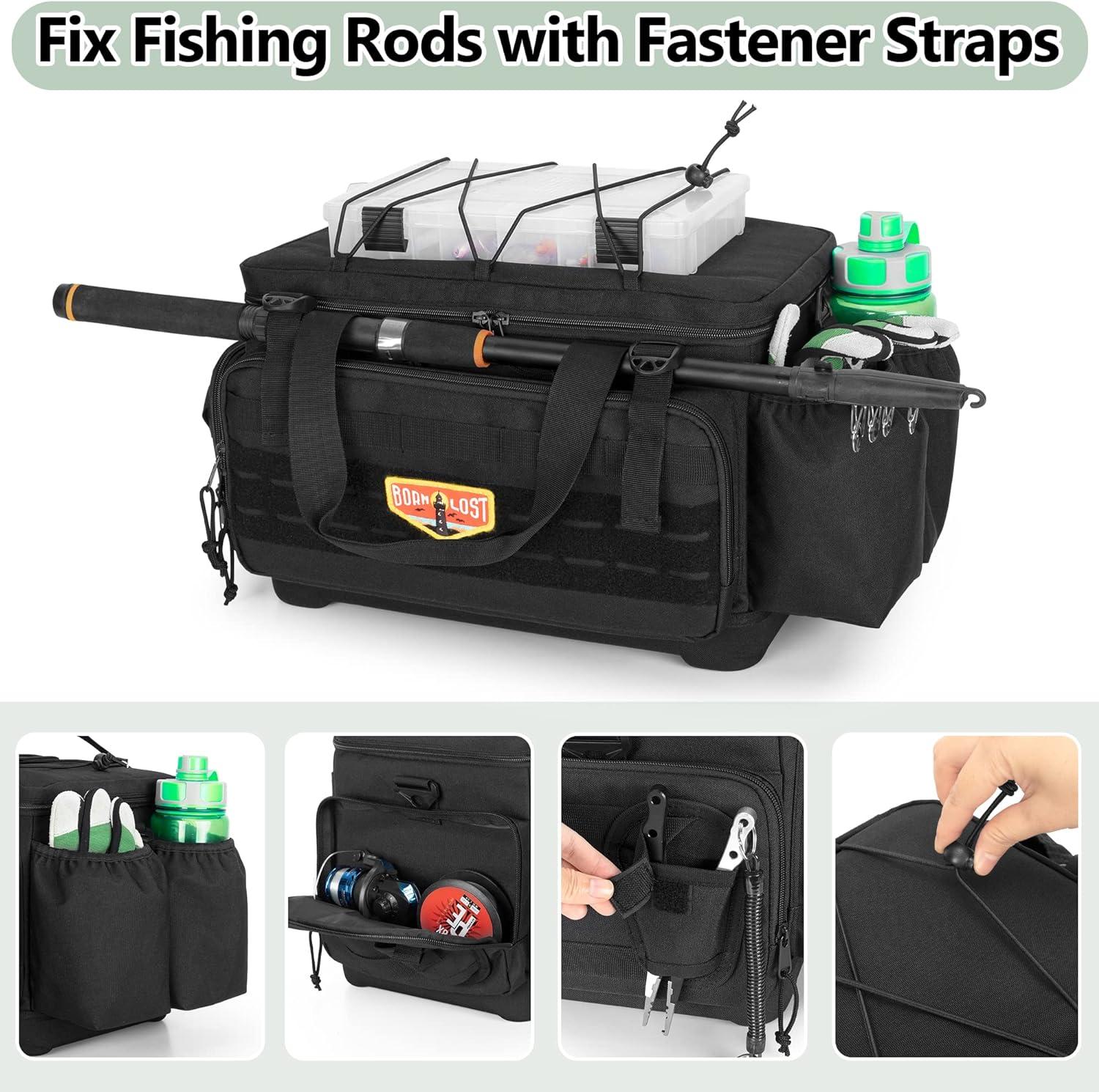 GOBUROS Waterproof Fishing Tackle Bag with Waterproof EVA Bottom (No Tackle  Boxes in Package) Soft Tackle Box Storage Bag with Rod Holder Pliers Storage  for Fishing