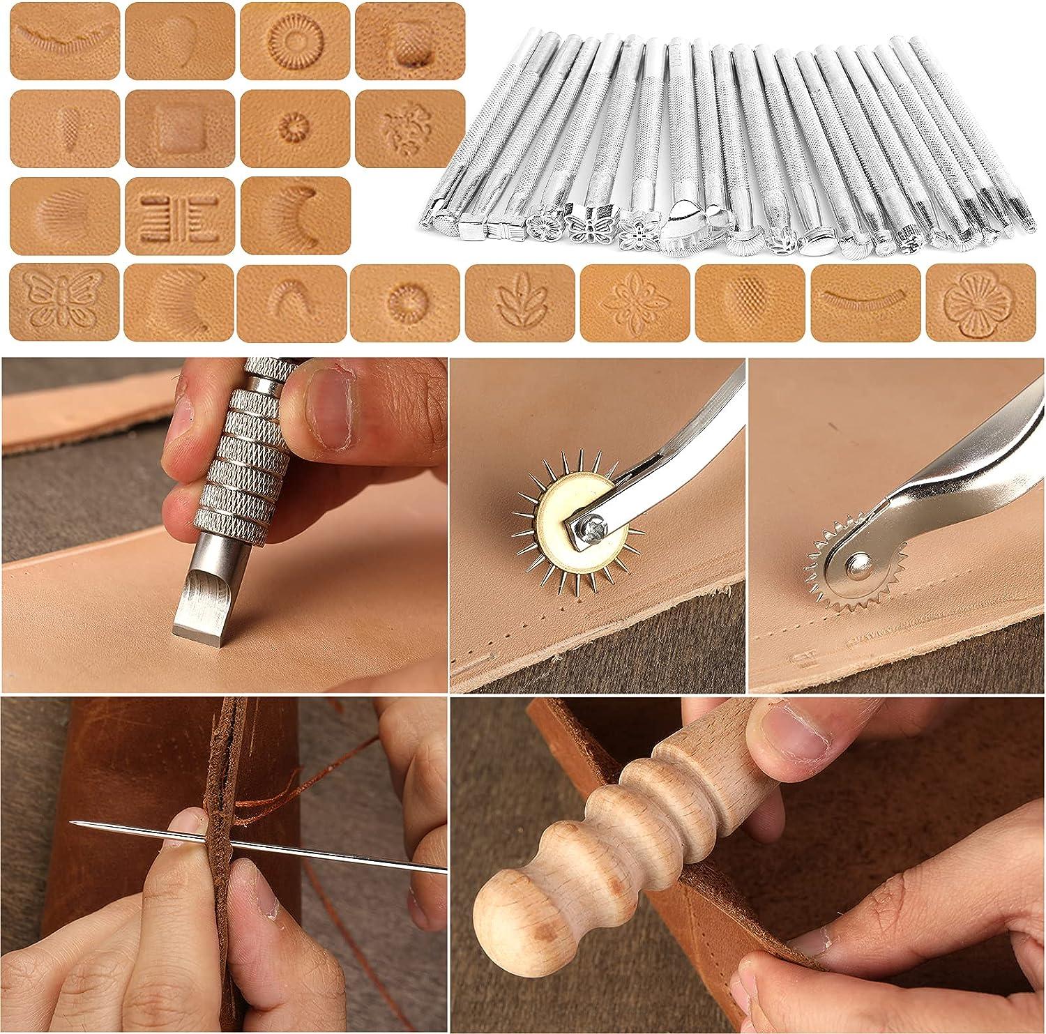 Leather Craft Tools, 60 Pieces Leather Working Tools and Supplies with  Storage Bag Cutting Mat Prong Punch Groover Edge Creaser Stamping Carving  Knife