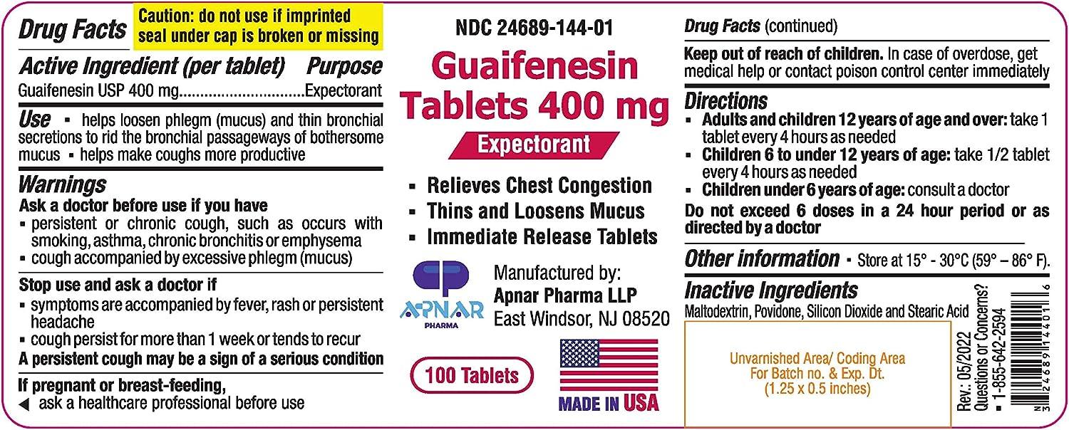 Guaifenesin 400 mg 100 Tablets Fast Acting Thinning of Mucus for