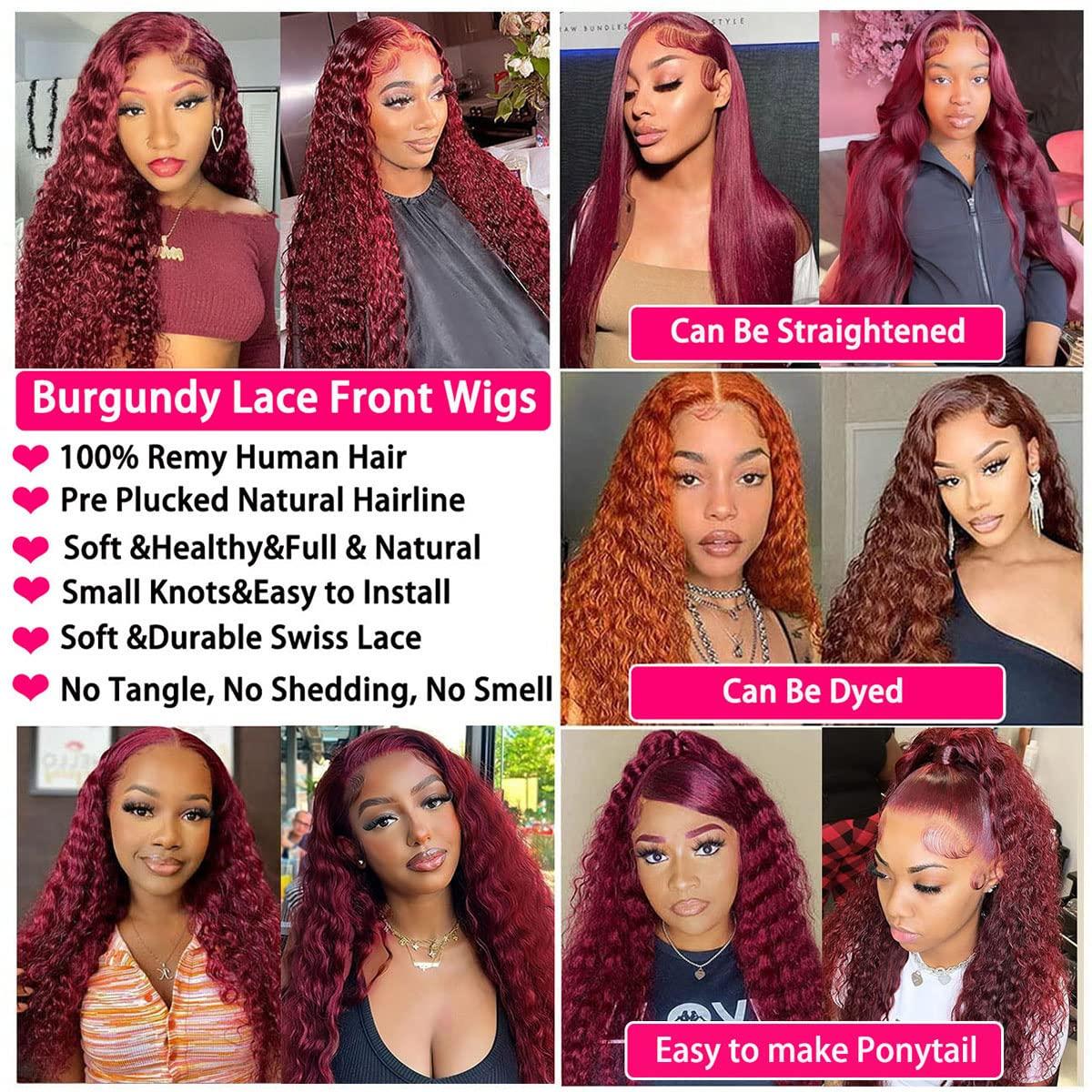 MAXTASK Burgundy Lace Front Human Hair Wig Pre Plucked 99J Deep Wave HD Lace Red Colored Wet Wavy Curly Wig for Black Women