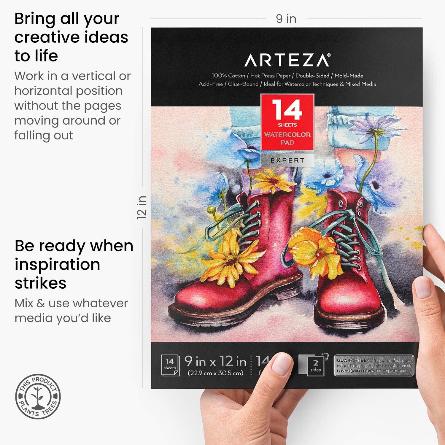 Arteza Watercolor Paper Pad, 9 x 12 Inches, 14 Sheets of Double