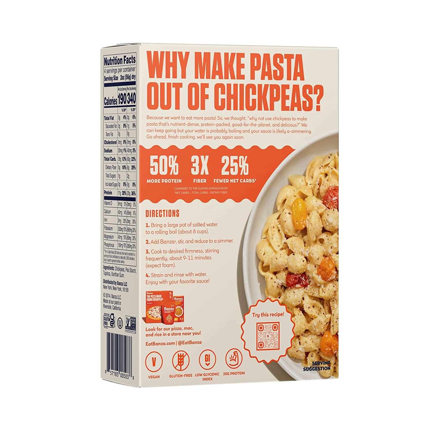 Banza Chickpea Pasta Shells Gluten Free, High Protein, Lower Carb