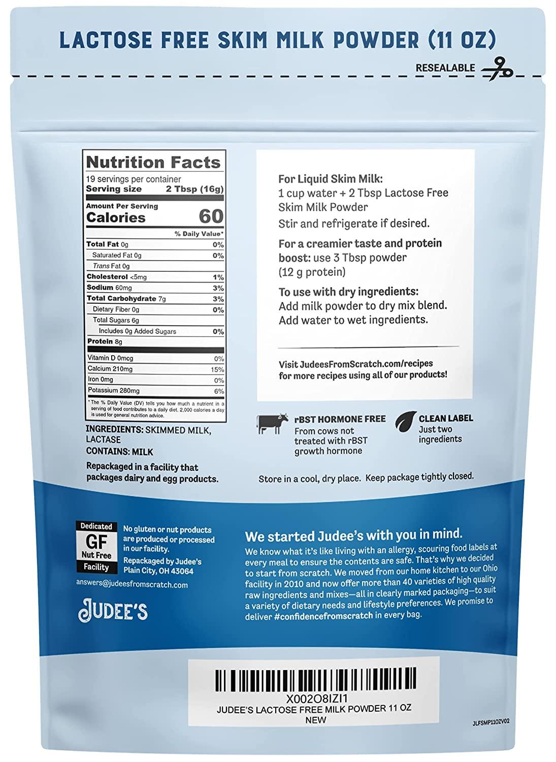 Judees Lactose Free Skim Milk Powder 11 oz 100 NonGMO and rBST