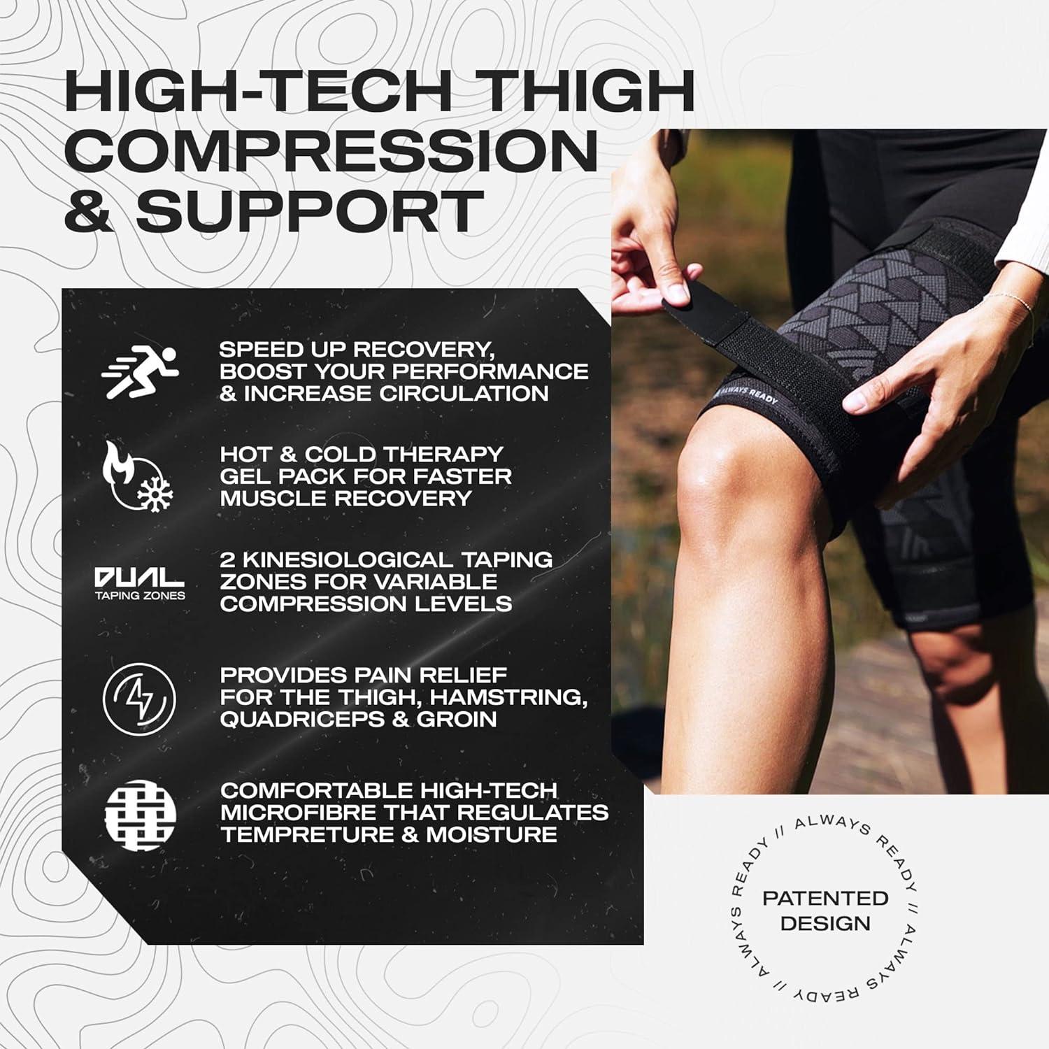 Always Ready Thigh Compression Support Sleeve (2 Per Pack) with Hot & Cold  Gel Pack for Hamstring & Quadricep Muscle Strains & Injury Men & Women Two  Adjustable Compression Straps Non-Slip (M)