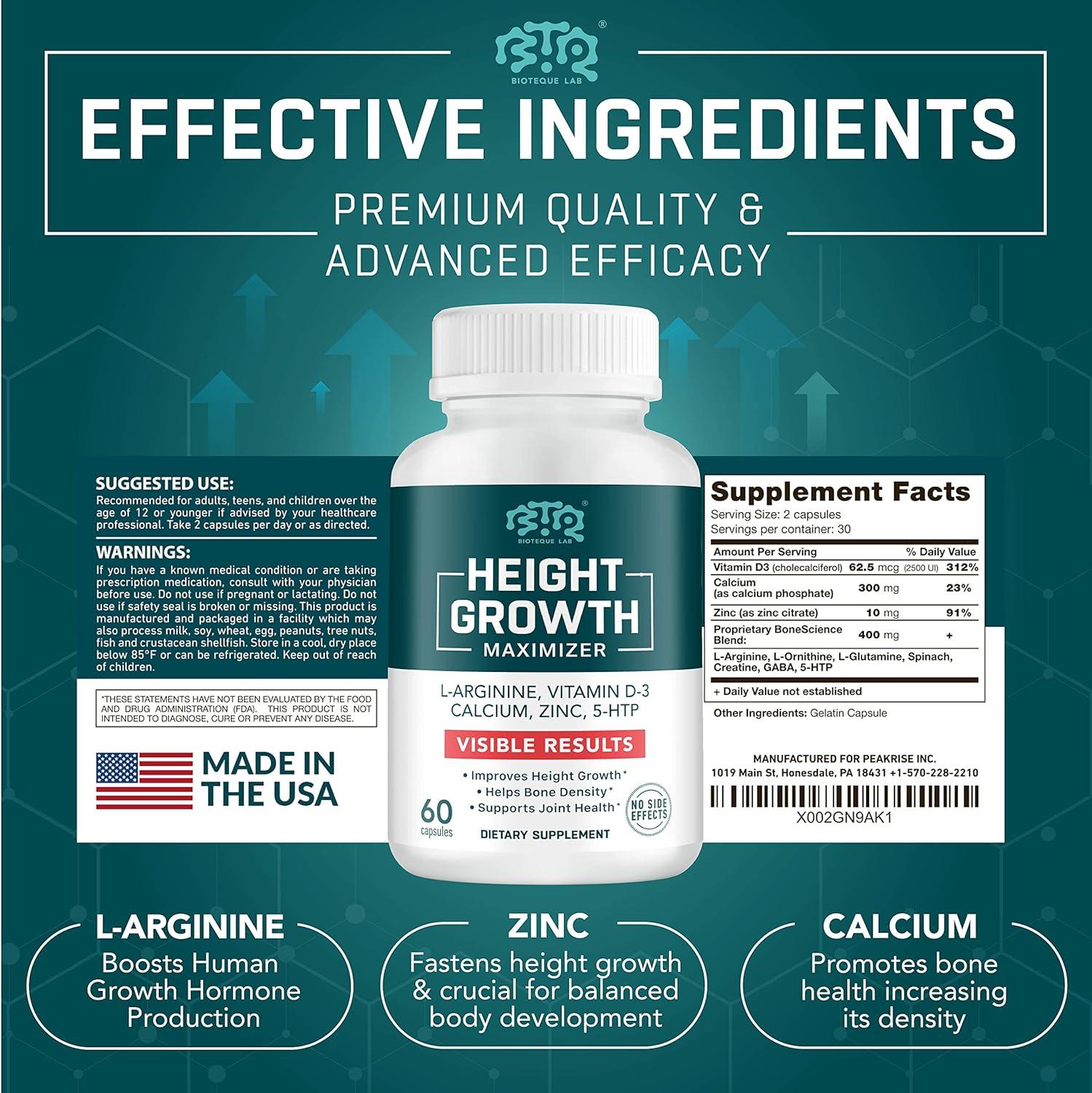 Height Growth Maximizer USA Made Calcium, Vitamin D3 & Zinc Blend