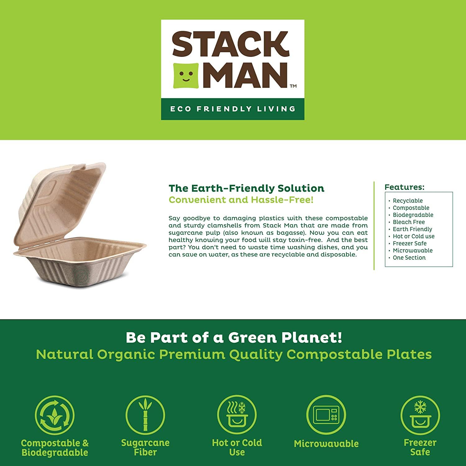 Stack Man-BG-60HT1K 100% Compostable Clamshell Take Out Food