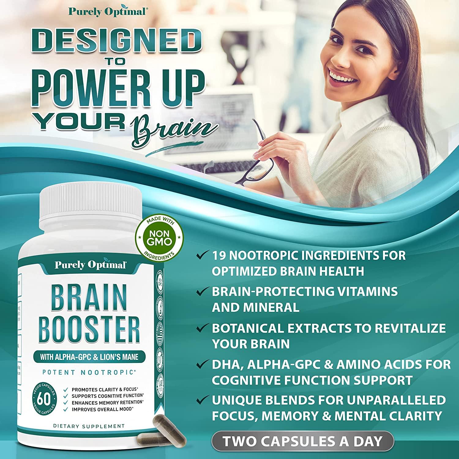 PURELY OPTIMAL Premium Brain Supplement Boost Focus & Memory 60