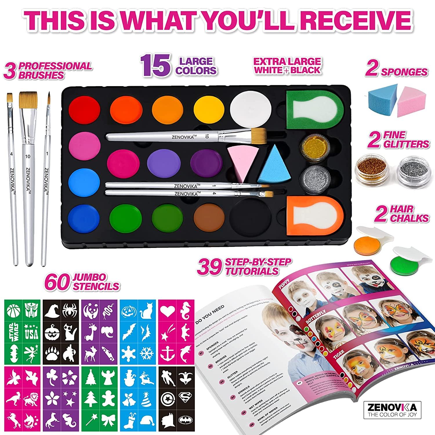 Zenovika Face Paint Kit for Kids - 60 Jumbo Stencils, 15 Large Water Based  Paints, 2 Glitters - Halloween Makeup Kit, Professional Face Paint Palette,  Safe for Sensitive Skin, Face Painting Book 15 Color Face Paint Kit