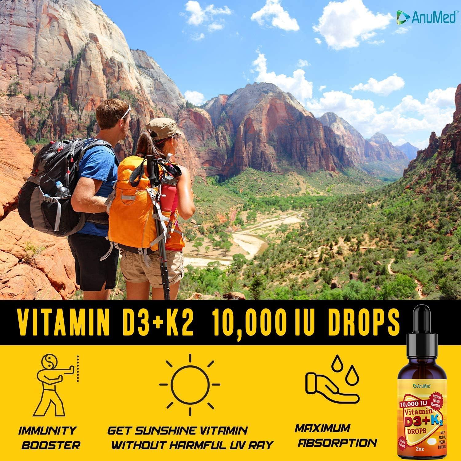 ANUMED Vitamin D3 + K2 10 000 IU Liquid Drops + Organic MCT Oil Vitamin A (Retinol) 1250mcg K2