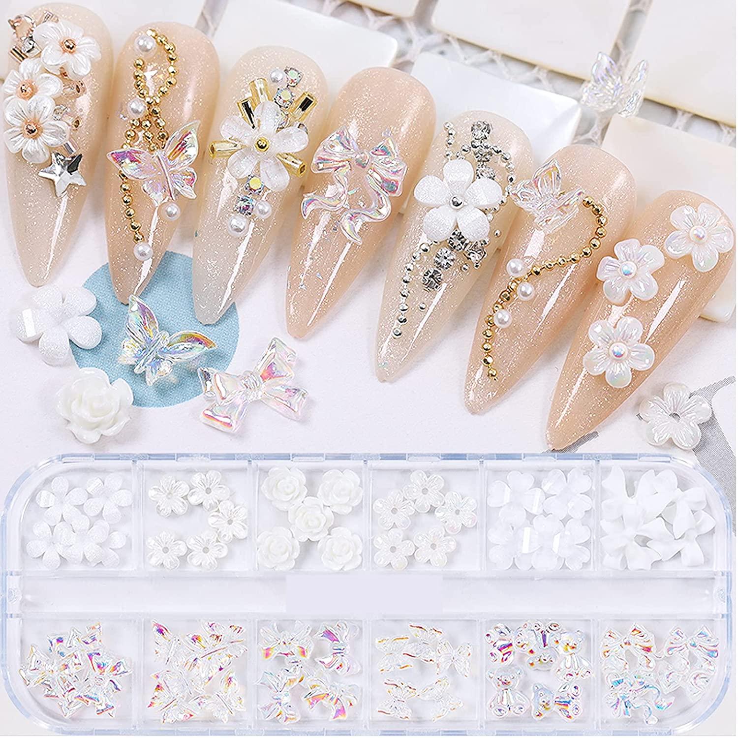 3D Acrylic Butterfly White Flowers Bear Nail Charms Cute Nail Charms Mixed  Starry AB Crystal Nail Rhinestones Multi Sizes Crystal Gems Stones for Nail  Art DIY Jewelry Accessories Crafting S0-White Flowers