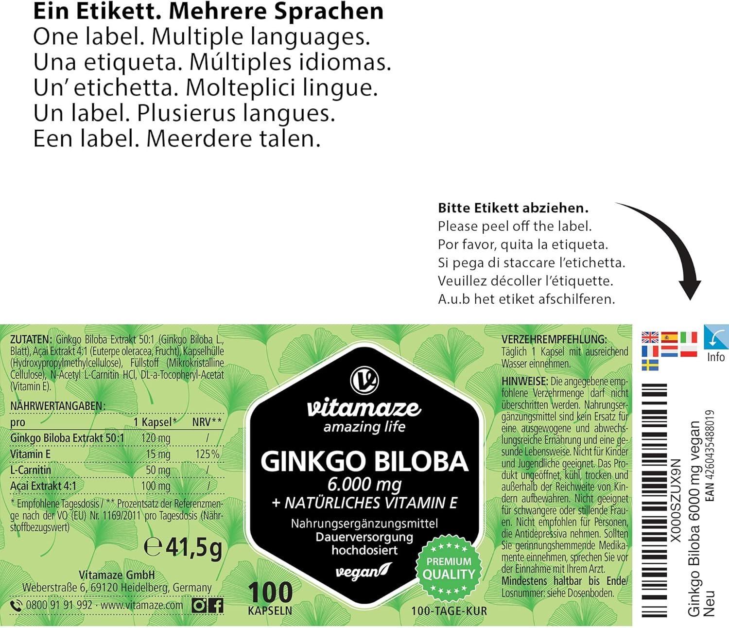 Ginkgo Biloba Capsules 6000mg with Acai LCarnitine and Vitamin E 100 Days Supply Memory and