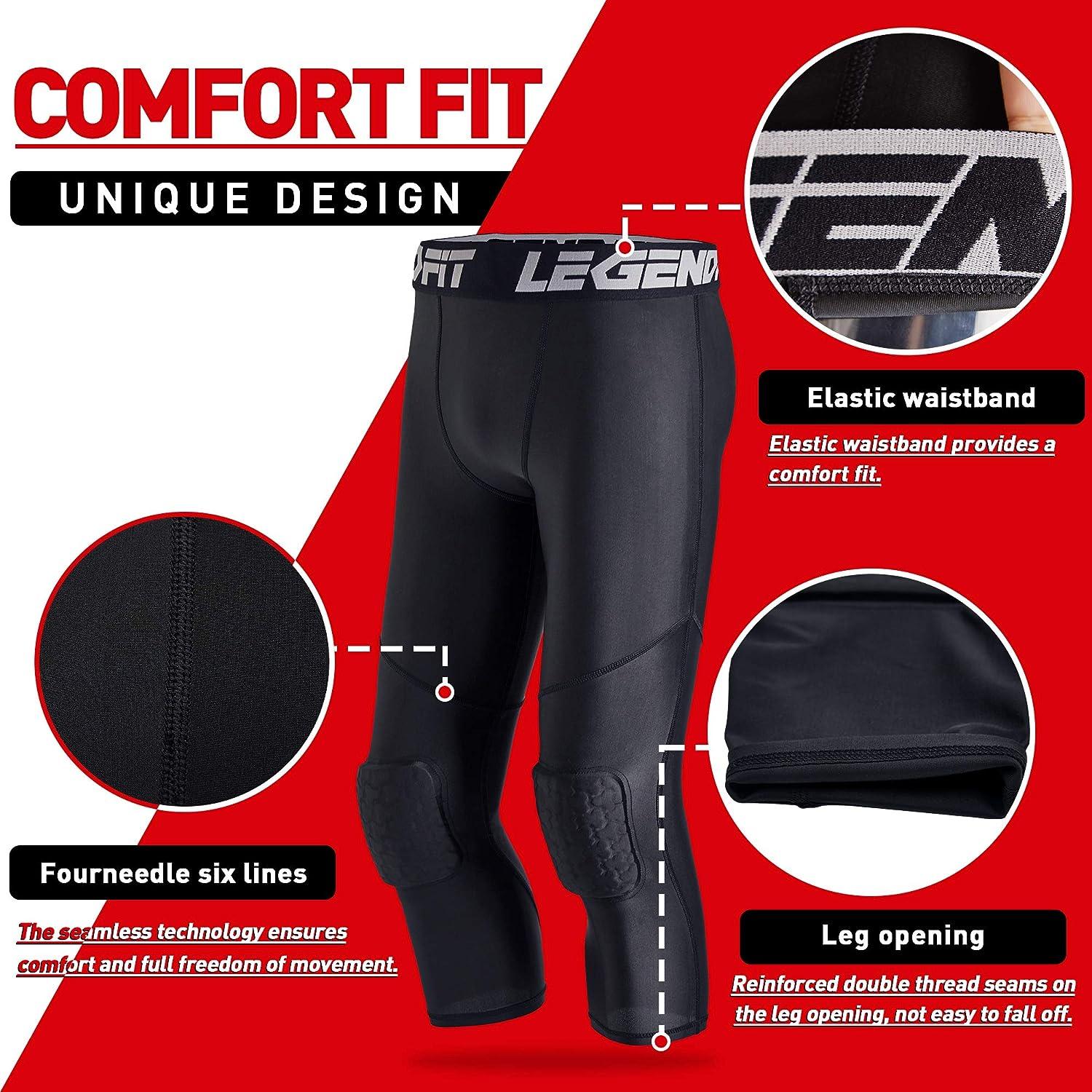 Legendfit Youth Boys Basketball Compression Pants with Knee Pads 3/4 Capri  Padded Sport Tights Athletic Workout Leggings Black Small