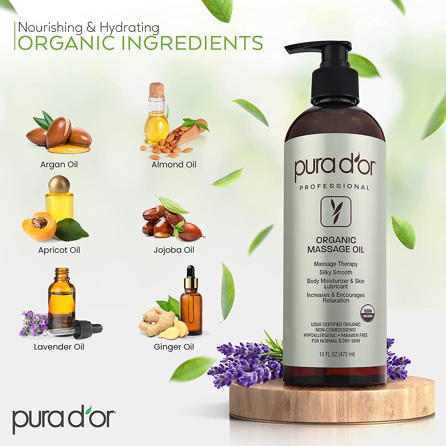 PURA D'OR Organic Massage Therapy Oil (16oz) - USDA Certified Blend of Almond, Apricot, Argan, Ginger, Jojoba, and Lavender Oils for Silky Skin - Body Moisturizer & Skin Lubricant | Buy Now PURA D'OR Organic Massage Therapy Oil (16oz) - USDA Certified Blend of Almond, Apricot, Argan, Ginger, Jojoba, and Lavender Oils for Silky Skin - Body Moisturizer & Skin Lubricant | Buy Now