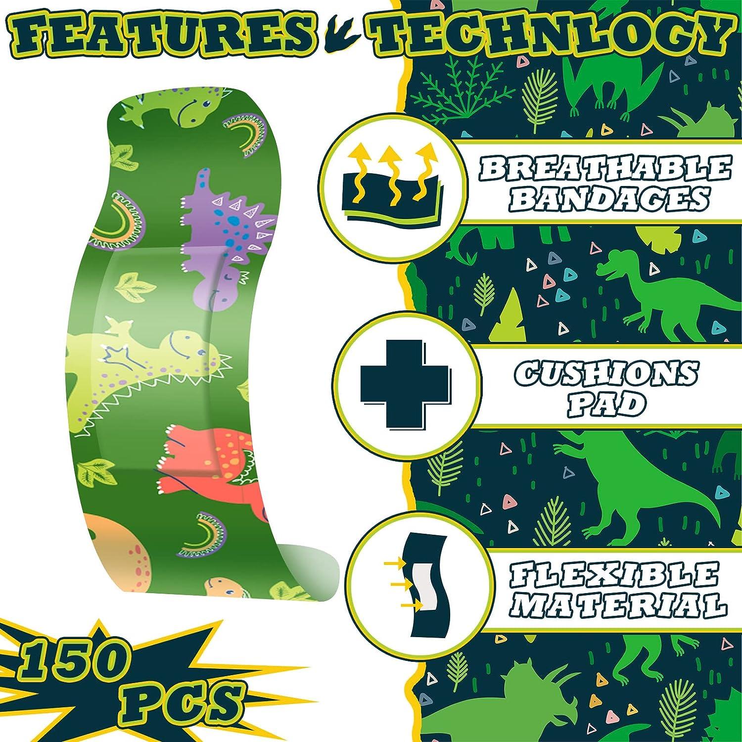 150 Pcs Bulk Kids Dinosaur Bandages 15 Fun Styles, Adhesive & Flexible for Boys, Girls