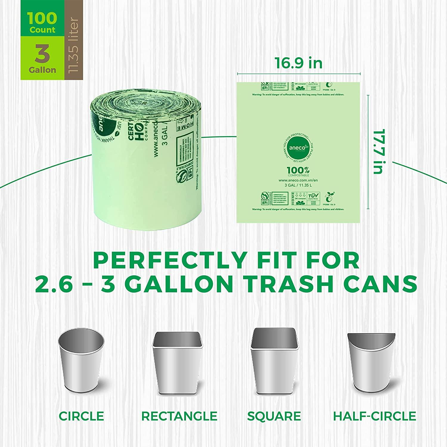 ANECO 3 Gallon 100 Compostable Trash Bags 100 Count, Extra Thick