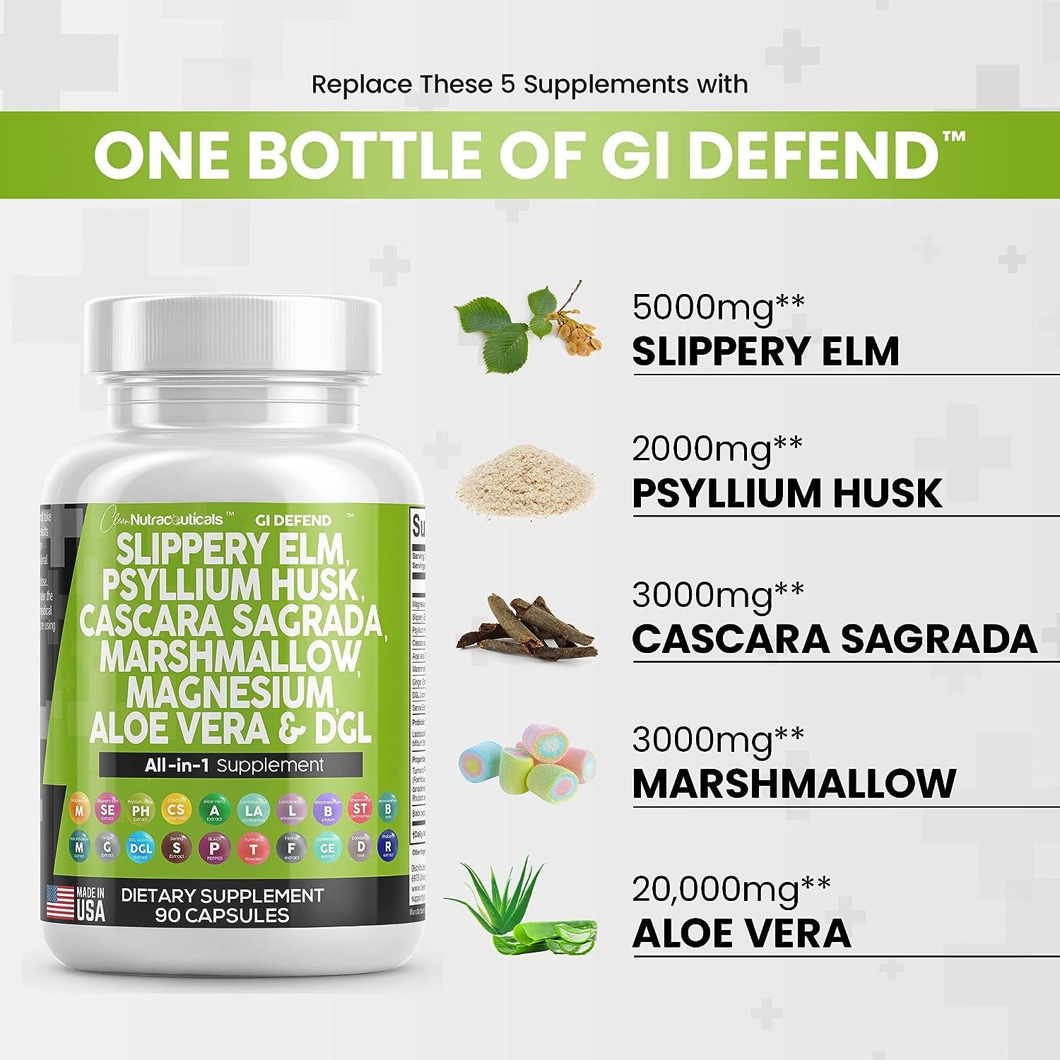 Digestive Gut Health Supplement 90 Ct Slippery Elm 5000mg, Psyllium