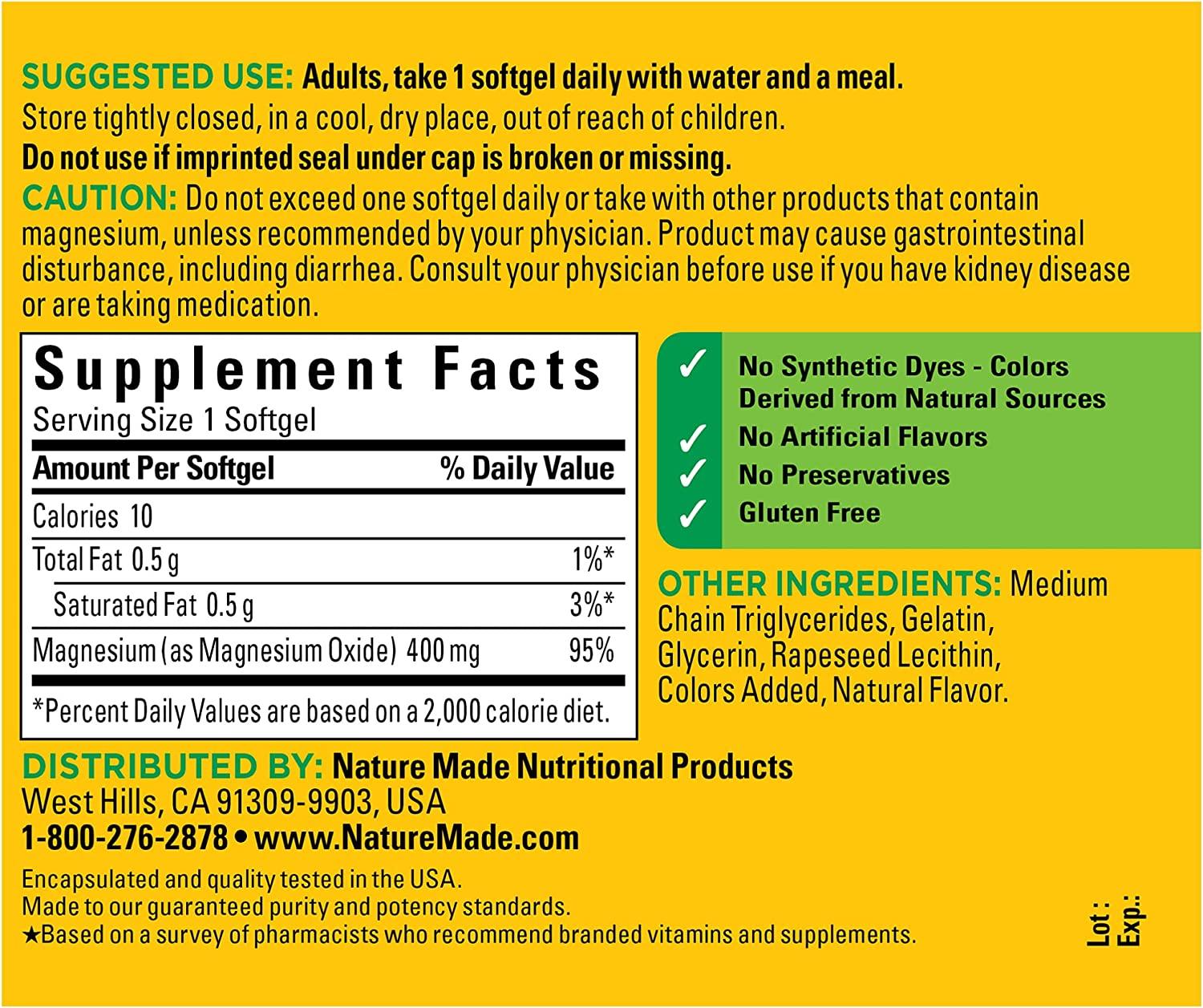 Nature Made Extra Strength Magnesium 400mg 60 Softgels Supports