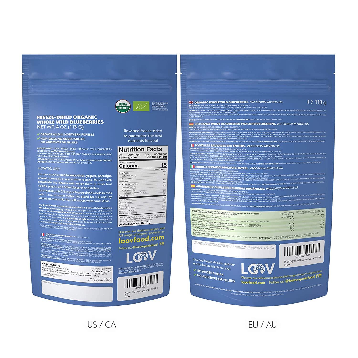 LOOV Wild Organic Dried Blueberries, No Added Sugar, No Added Oil, 4