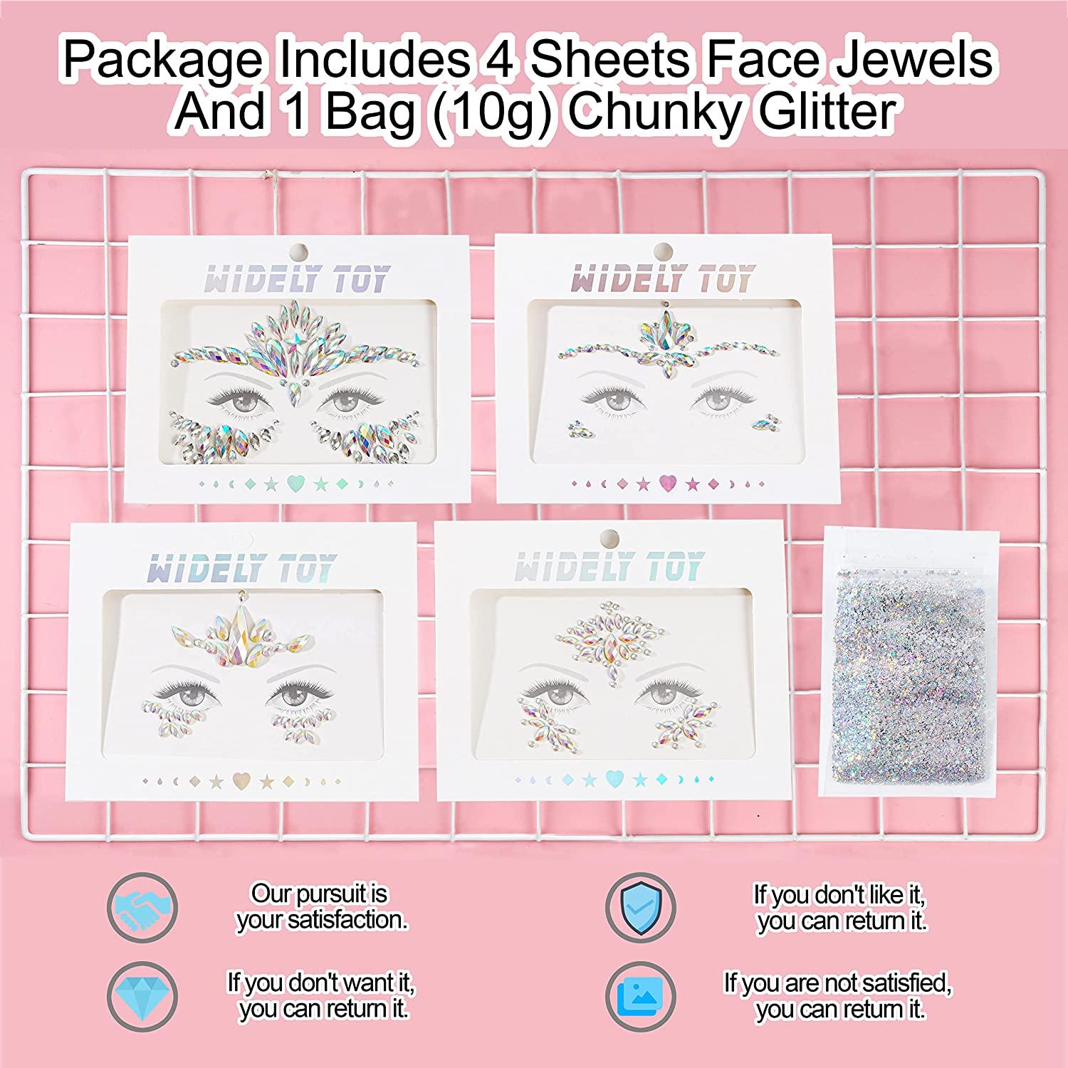 4 Sheets Euphoria Face Jewels Gems+10g Chunky Glitter, SelfAdhesive