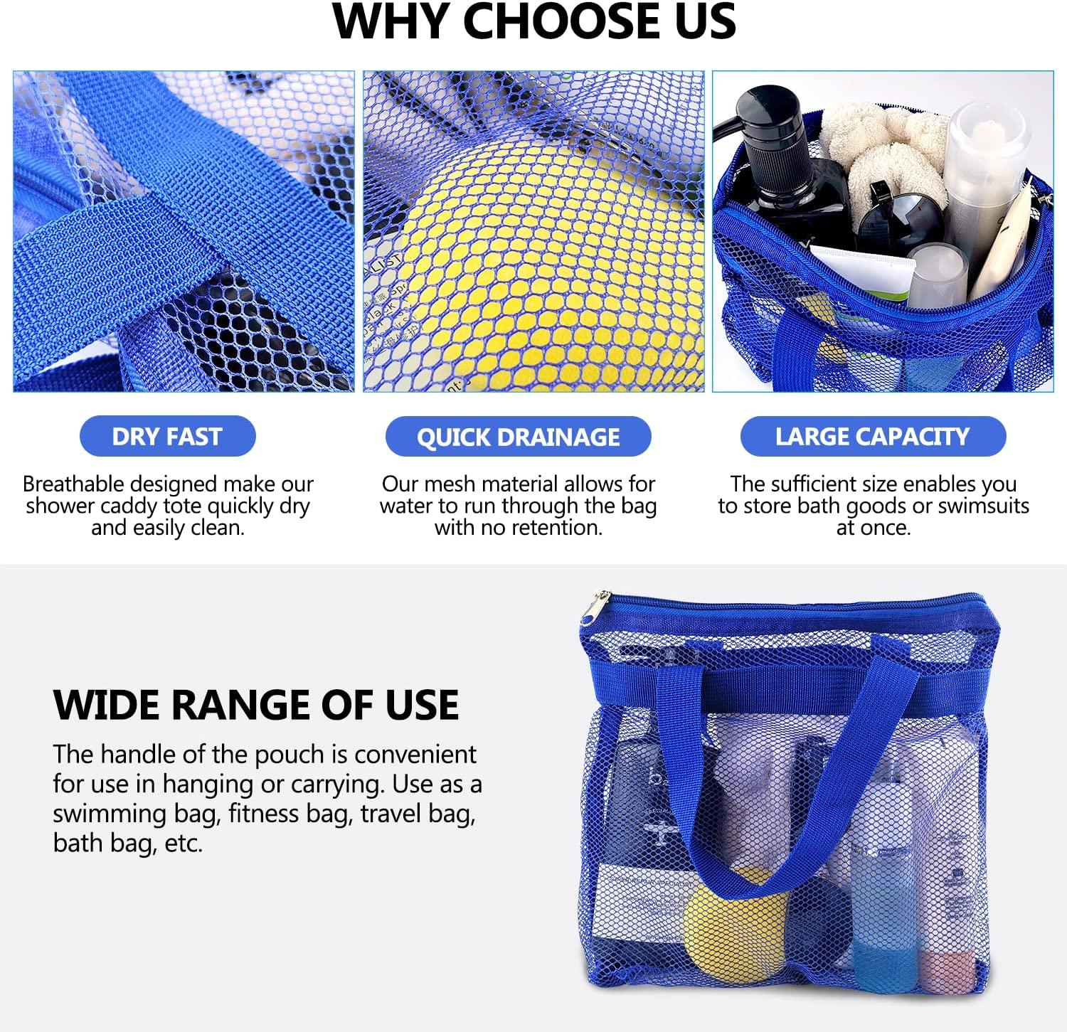 1 Pcs Portable Shower Mesh Caddy Bag Quick Dry Hanging Toiletry and Bath  Organizer for Travel and Swimming with Zipper (Dark Blue)