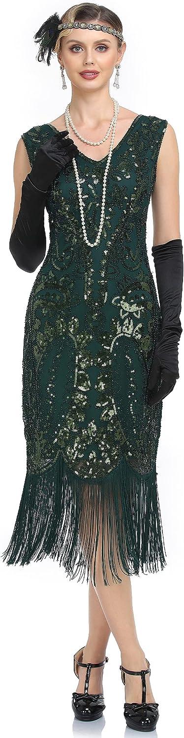 boohoo green sparkly dress Queendancer Women Dark Green 1920s Flapper Dress V Neck Long Sleeves  Vintage Dress With Fringes – queendancer main image 0