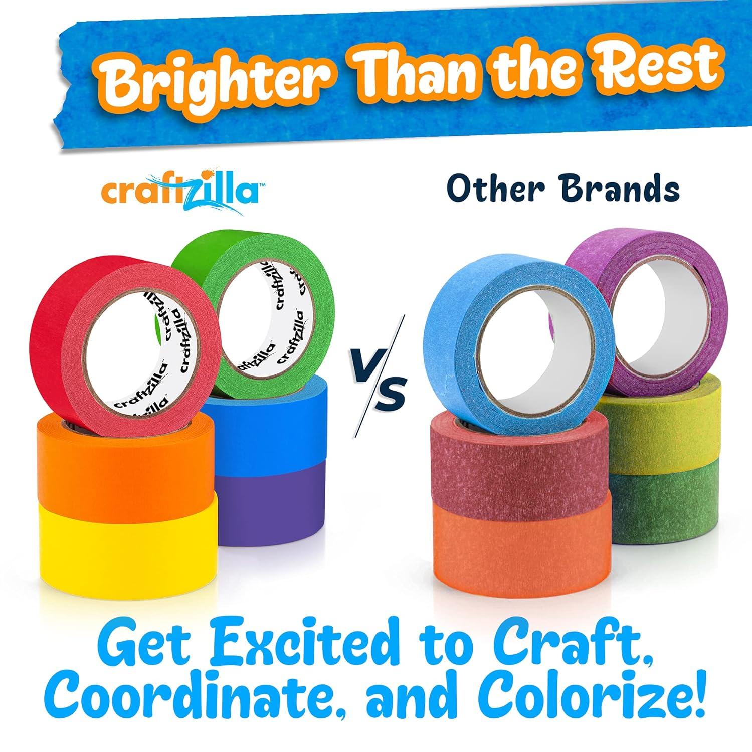 Craftzilla Colored Masking Tape - 6 Roll Multi Pack - 180 Feet x 1 inch of Colorful Craft Tape - Vibrant Rainbow Colored Painters Tape - Great for