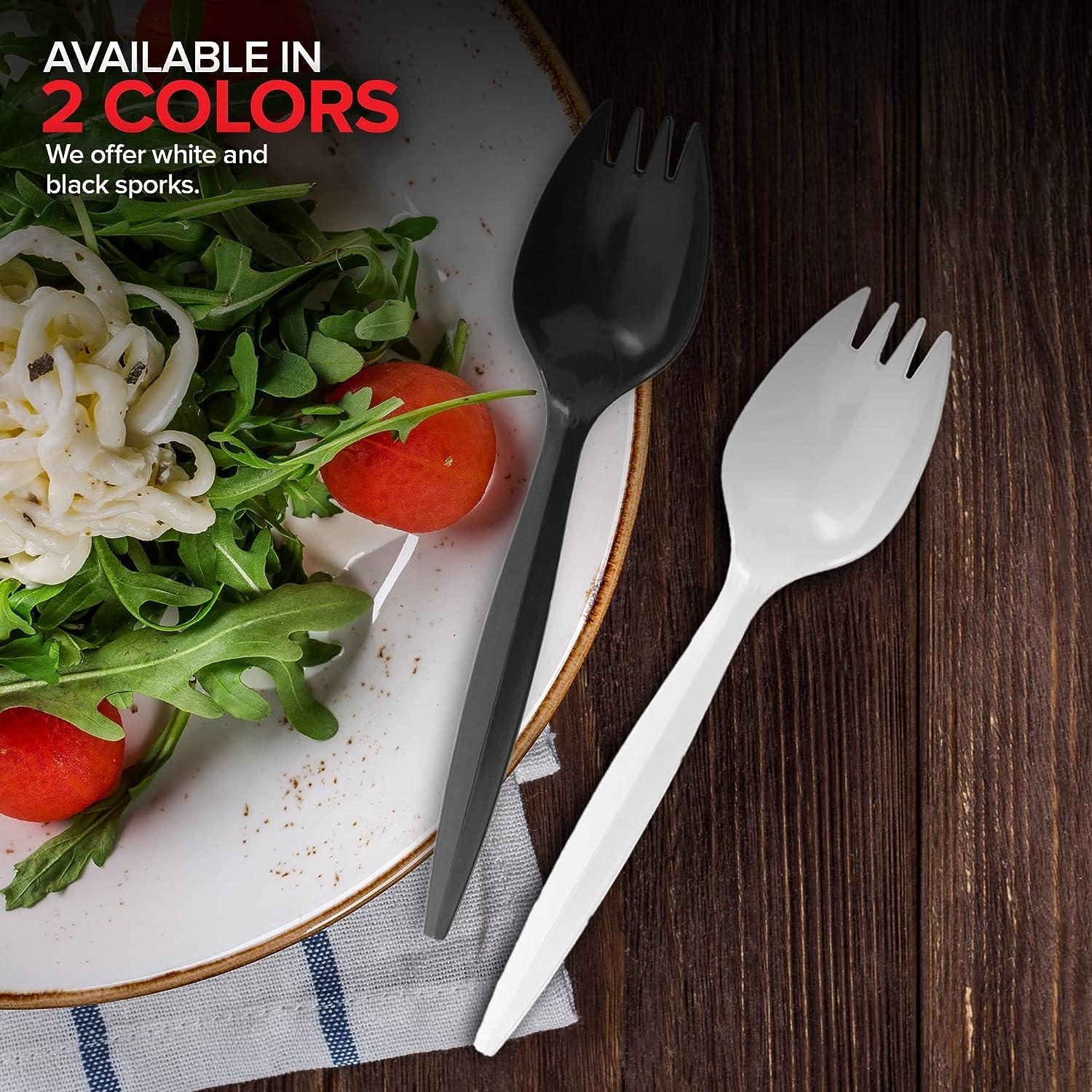 100 Pack Disposable Sporks Black Plastic, BPA Free, Heavy Weight Fork