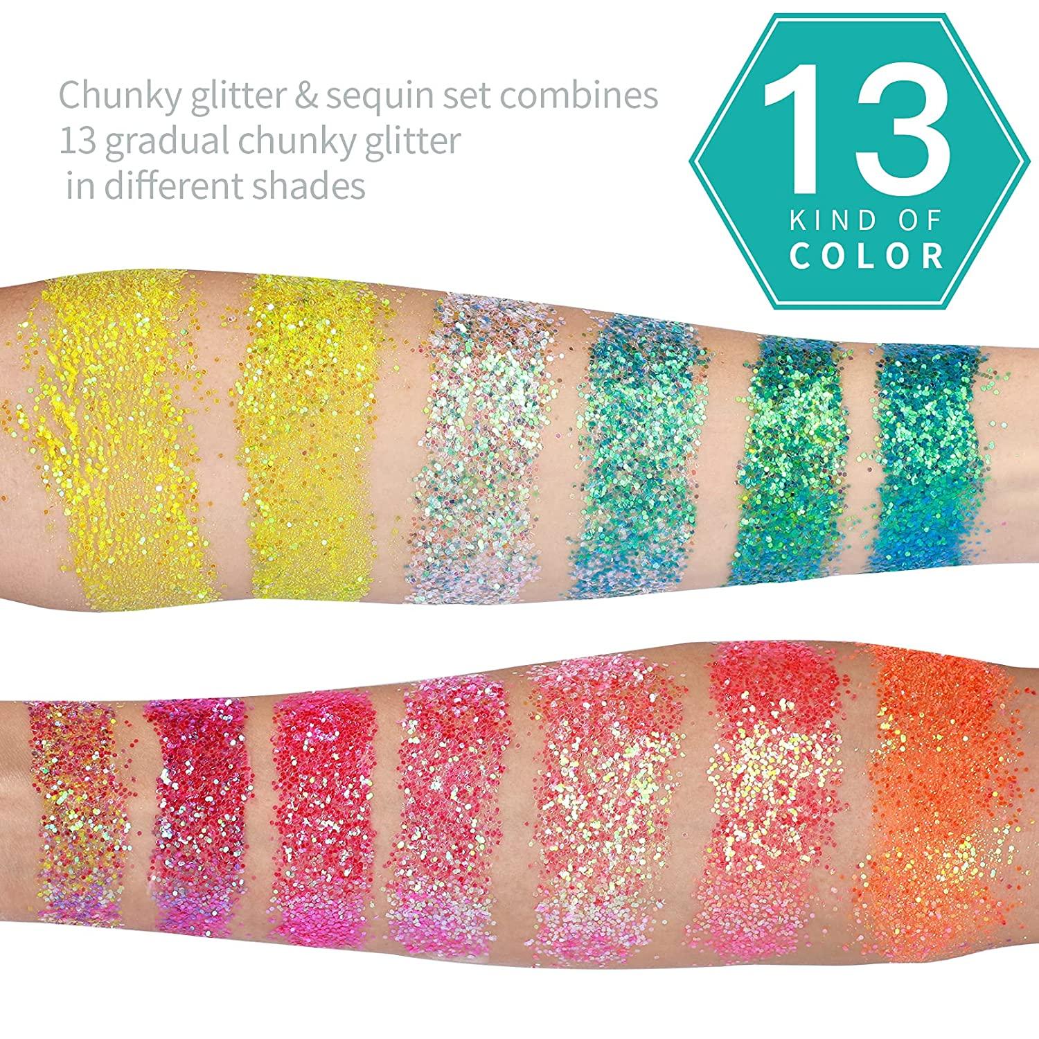 Chunky Glitter, YGDZ 13 Colors Holographic Iridescent Rainbow Sequins Nail  Body Glitter Face Hair Eye Makeup Cosmetic Festival Glitter