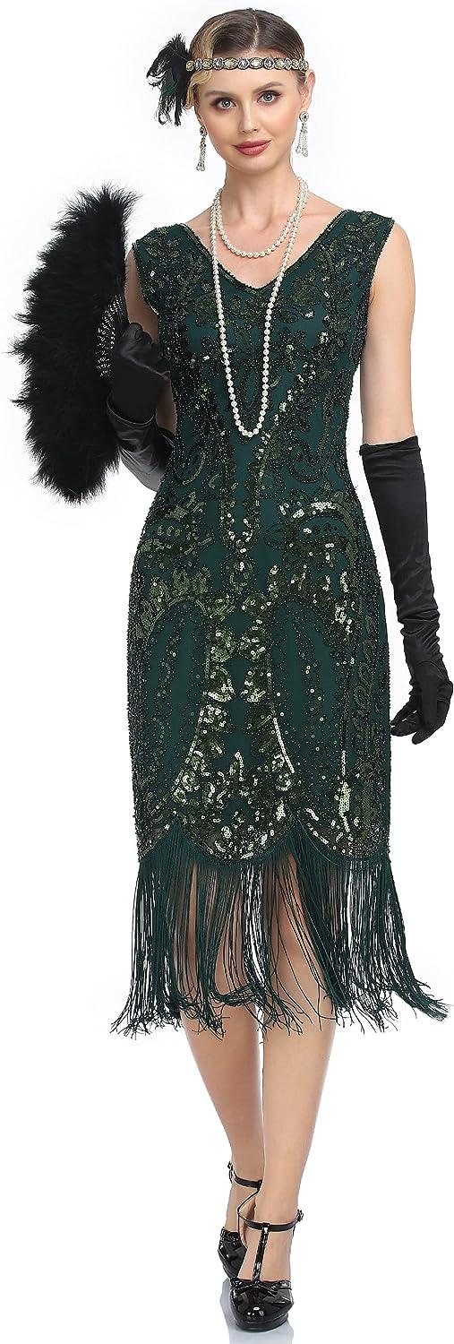 Kayamiya Women's 1920s Flapper Dress Sequin Fringed Paisley V-Neck Great Gatsby  Costume Green - Medium | Buy Now with Express International Delivery |  GoSupps.com