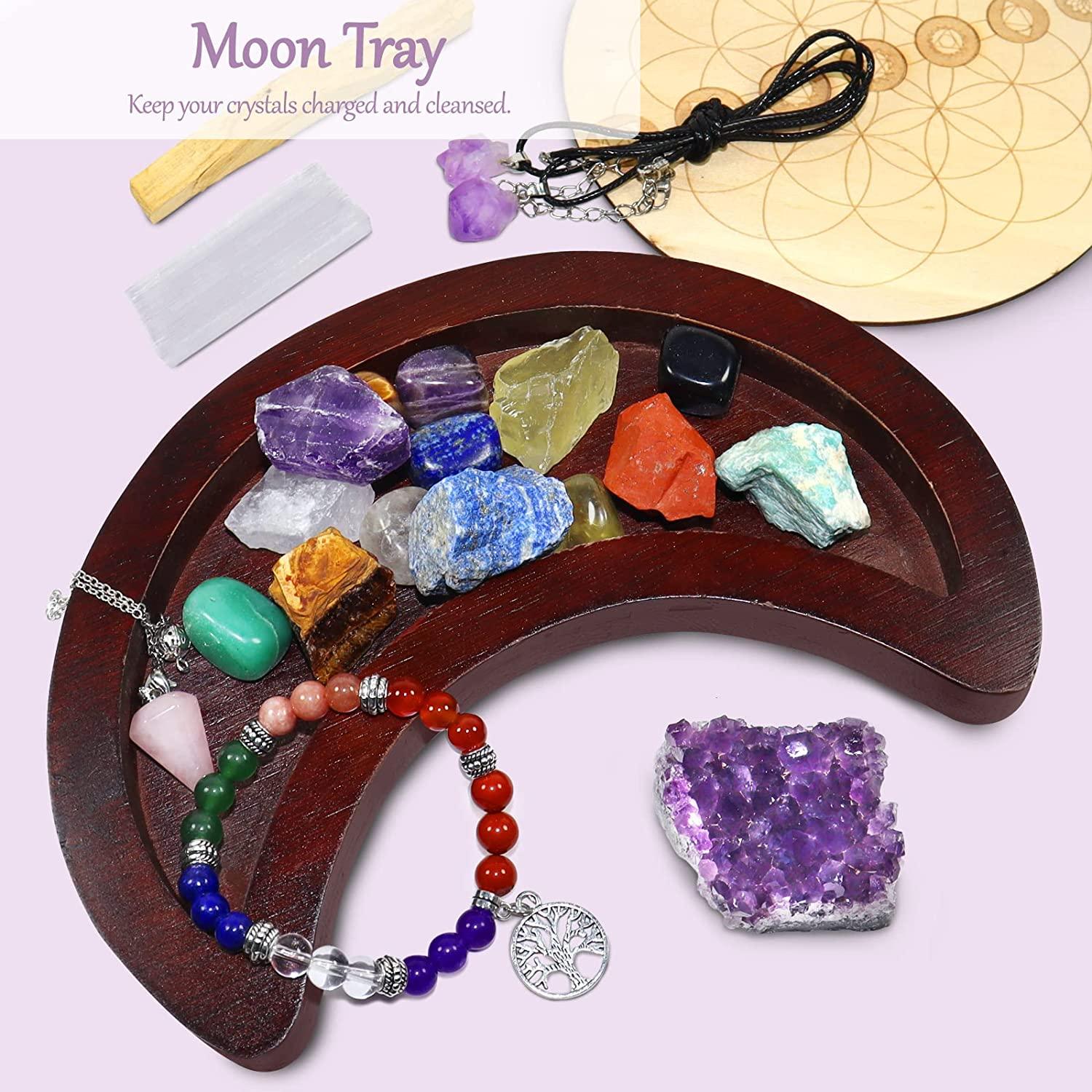 Healing Crystals Set, 23pcs Natural Healing Stones for Yoga Meditation  Reiki, 7 Tumbled and 7 Raw Stones for 7 Chakras Balancing with Amethyst  Cluster, Moon Tray, Pendulum, Necklace, Selenite