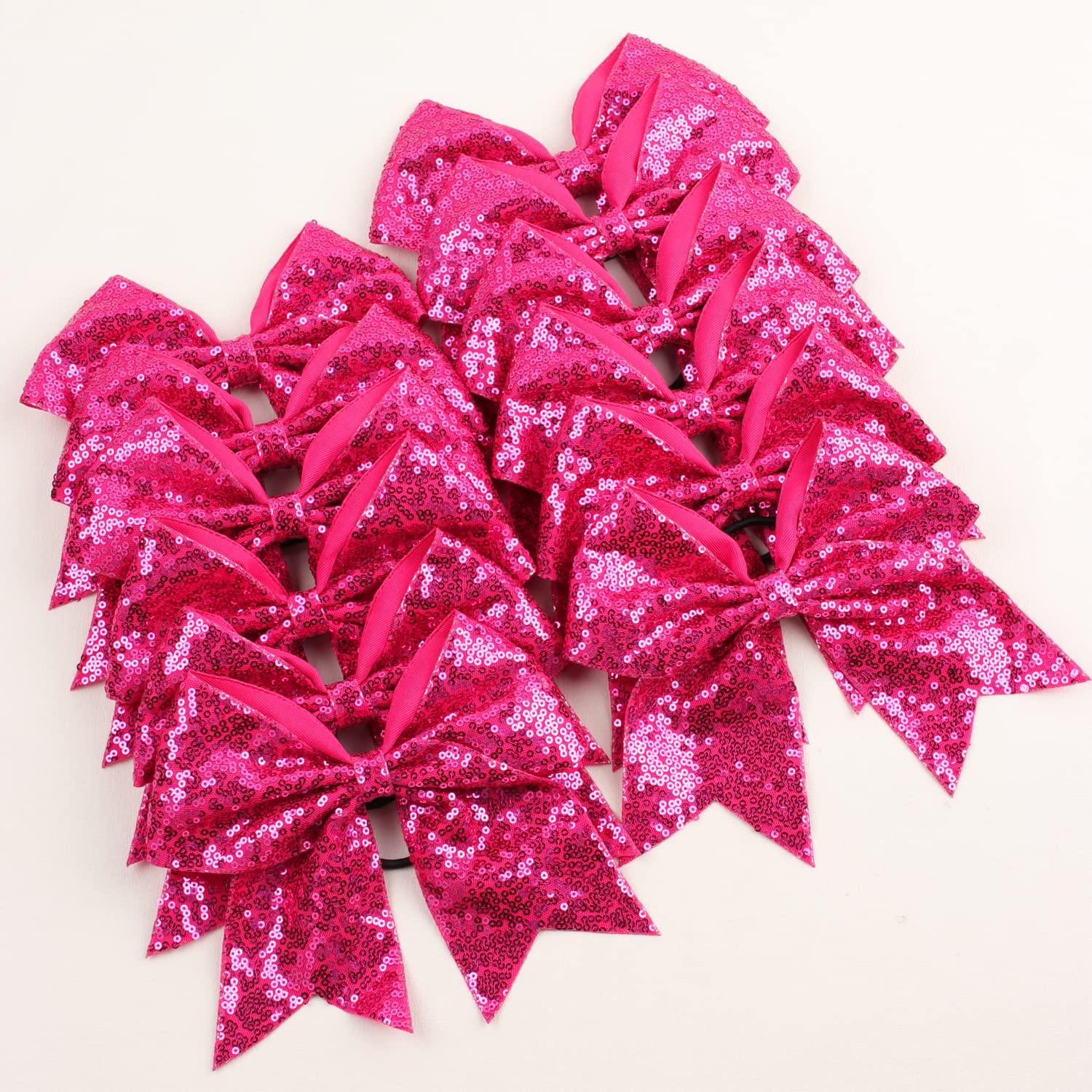 Hot Pink Cheer Bow for Girls Large Hair Bows with Ponytail Holder Ribb