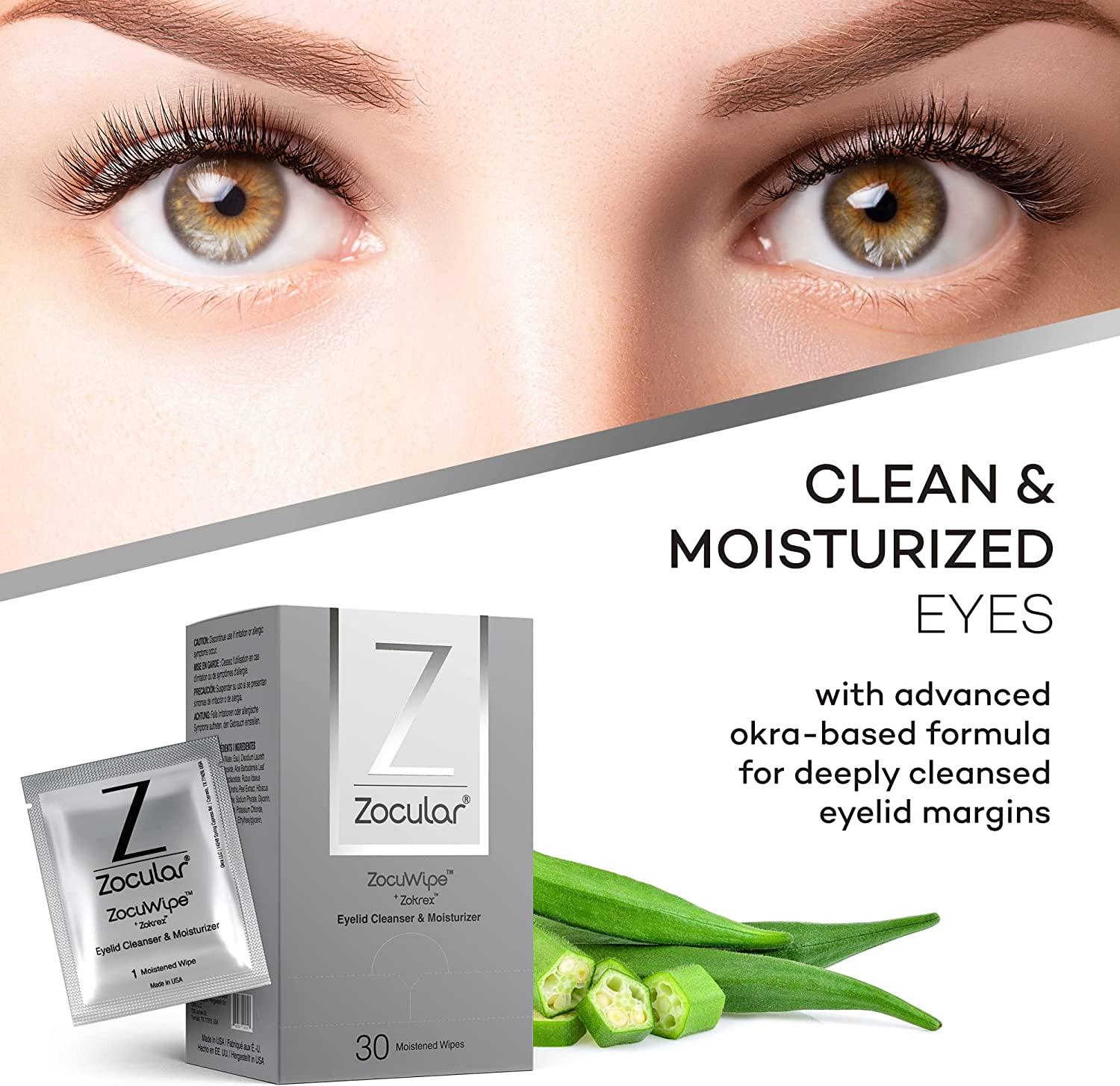 Zocuwipe Eyelid Wipes with Okra Complex Eyelid Cleanser and Moisturizer Pads for Irritated Dry