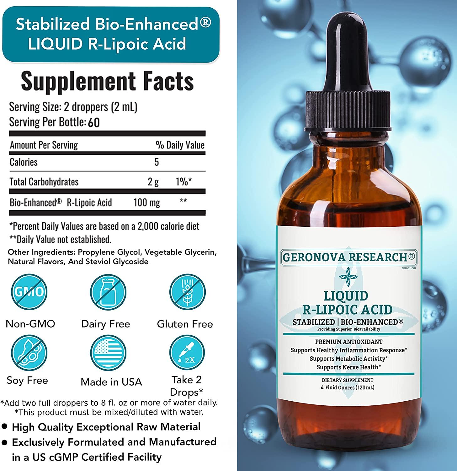 GeroNova Research Liquid RLipoic Acid 100mg 4oz Premium RAlpha