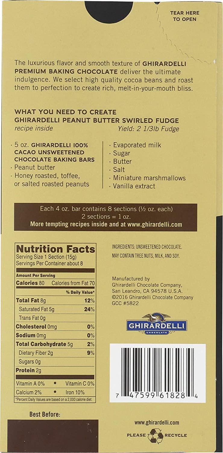 GHIRARDELLI Premium 100 Cacao Unsweetened Chocolate Baking Bar, 4 OZ Bar