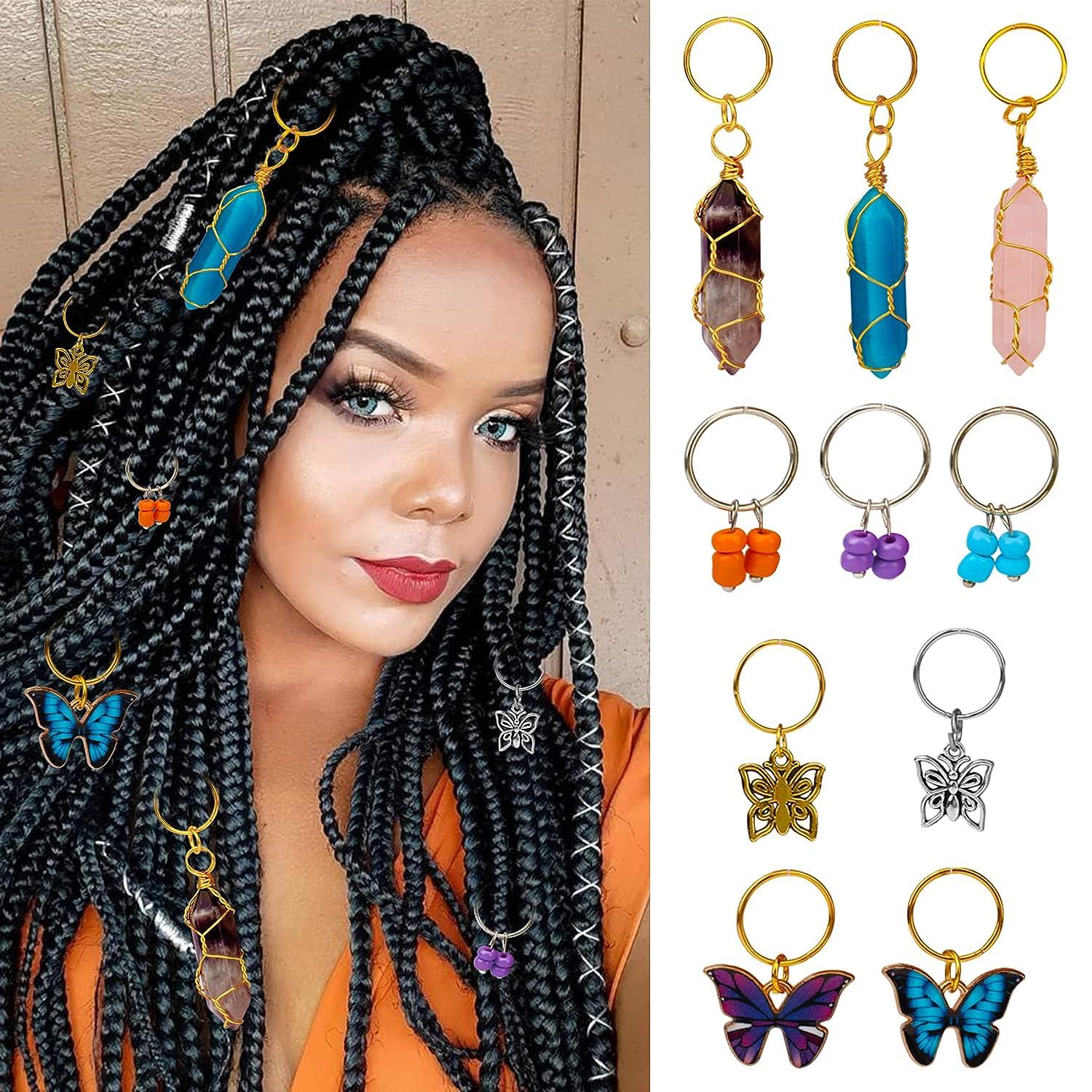 128 Pieces Loc Jewelry for Hair Dreadlocks Handmade Wire Wrapped Natural  Crystal Adornment Braid Accessories Butterfly Hair Rings Hair Charms Hair