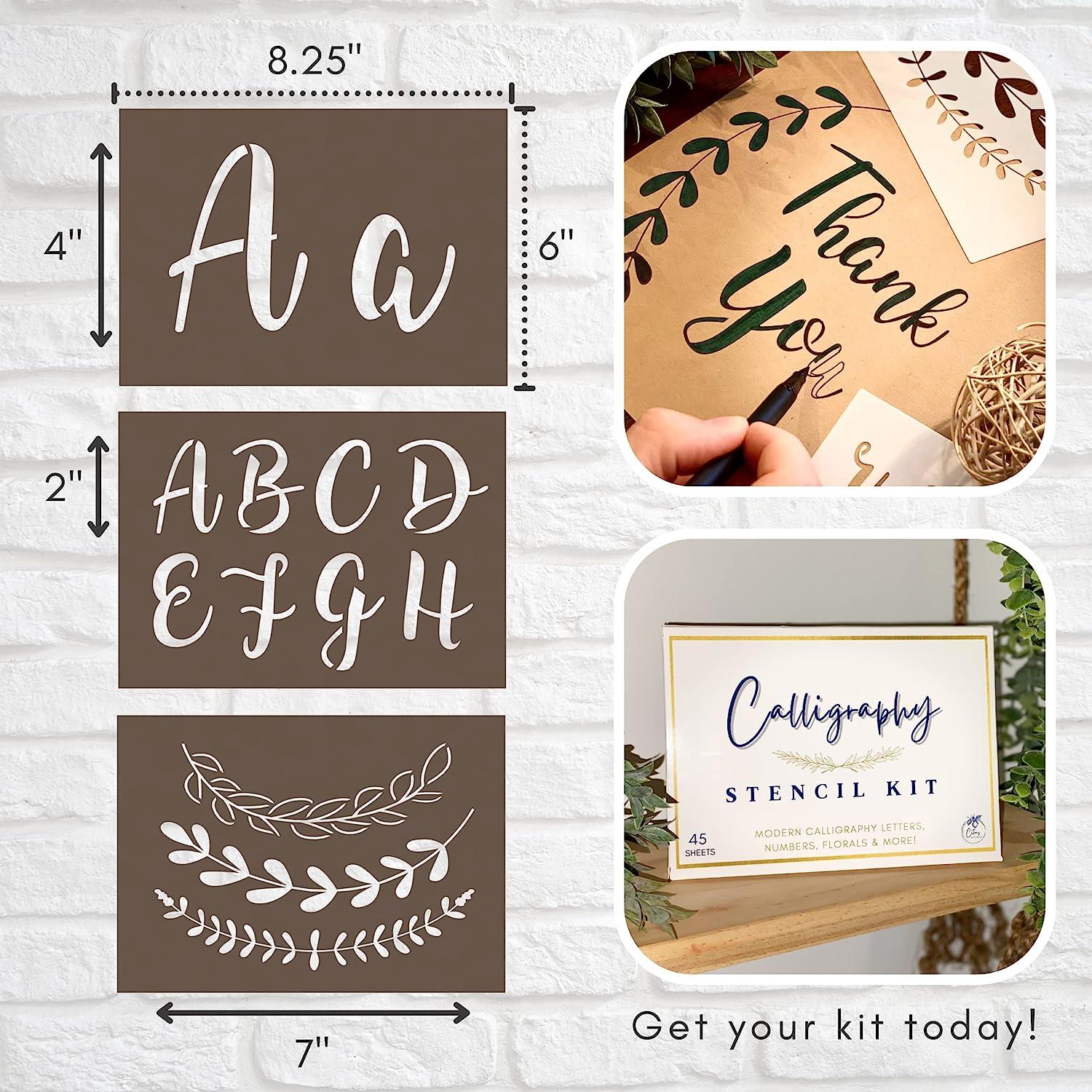 Boutique Calligraphy Stencil Template Kit - 45 Reusable Pieces - Includes  Lettering Upper and Lowercase both Large and Small, Numbers, Punctuation,  Laurels and Flowers - For Arts Crafts Painting Wood Calligraphy Stencils