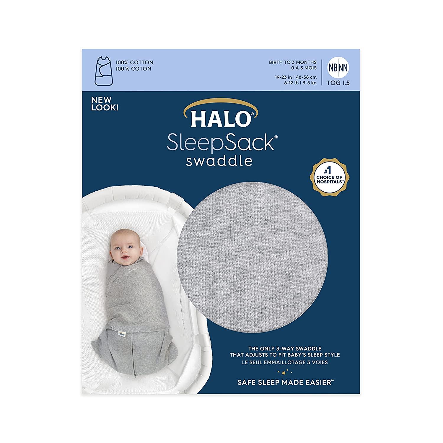HALO 100 Cotton Sleepsack Swaddle 3 Way Adjustable Wearable Blanket TOG 1.5 Heather Grey Small 3 6 Months Pack of 1