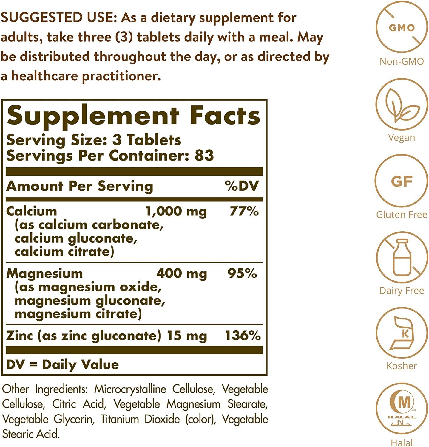 Solgar Calcium Magnesium Plus Zinc â€“ 250 Tablets for Optimal Bone Health