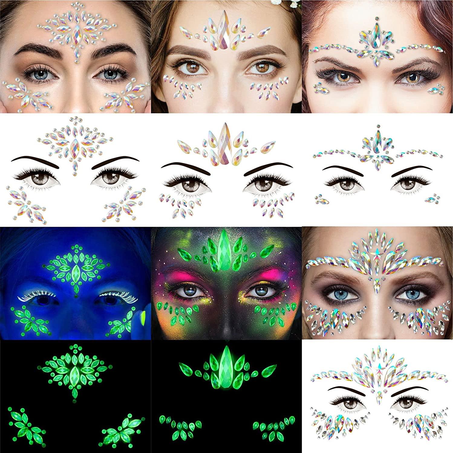4 Sheets Euphoria Face Jewels Gems+10g Chunky Glitter, SelfAdhesive