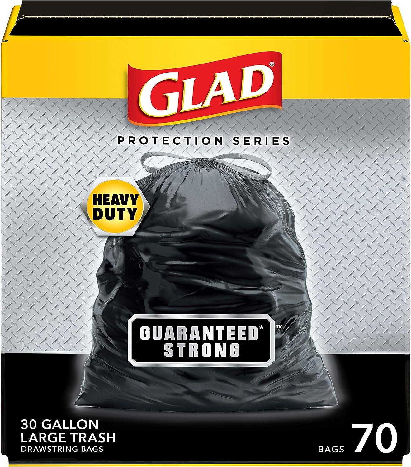 Get verified coupon codes daily Glad Guaranteed Strong Large Drawstring  Trash Bags, 30 Gallon, 70 Count, 70 gallon trash bags