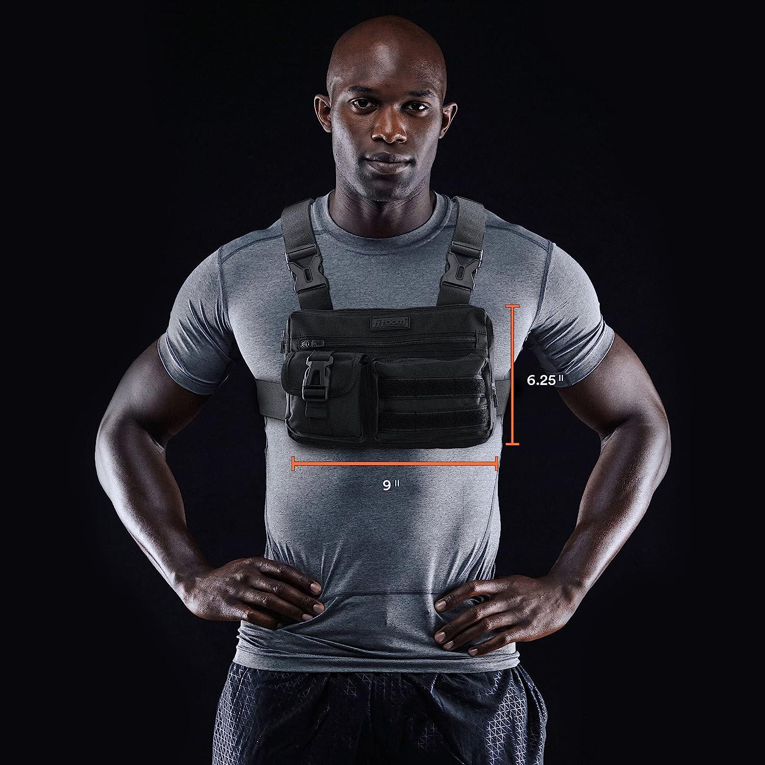 Fitdom Tactical Inspired Sports Utility Chest Pack. Chest Bag For Men With  Built-In Phone Holder. This EDC Rig Pouch Vest is Perfect For Workouts,  Cycling & Hiking Black Vest Fit