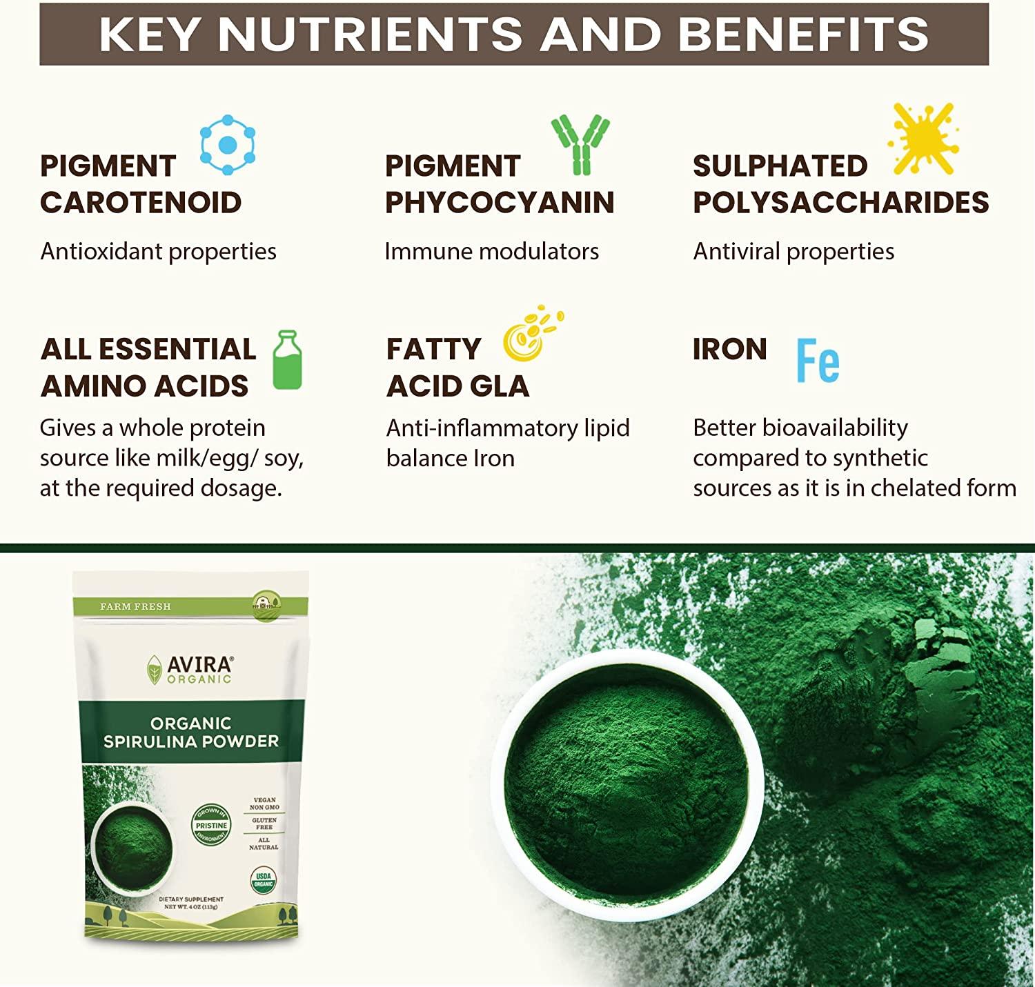 Avira Organic Spirulina Powder 4 Oz Green Superfood for Smoothies